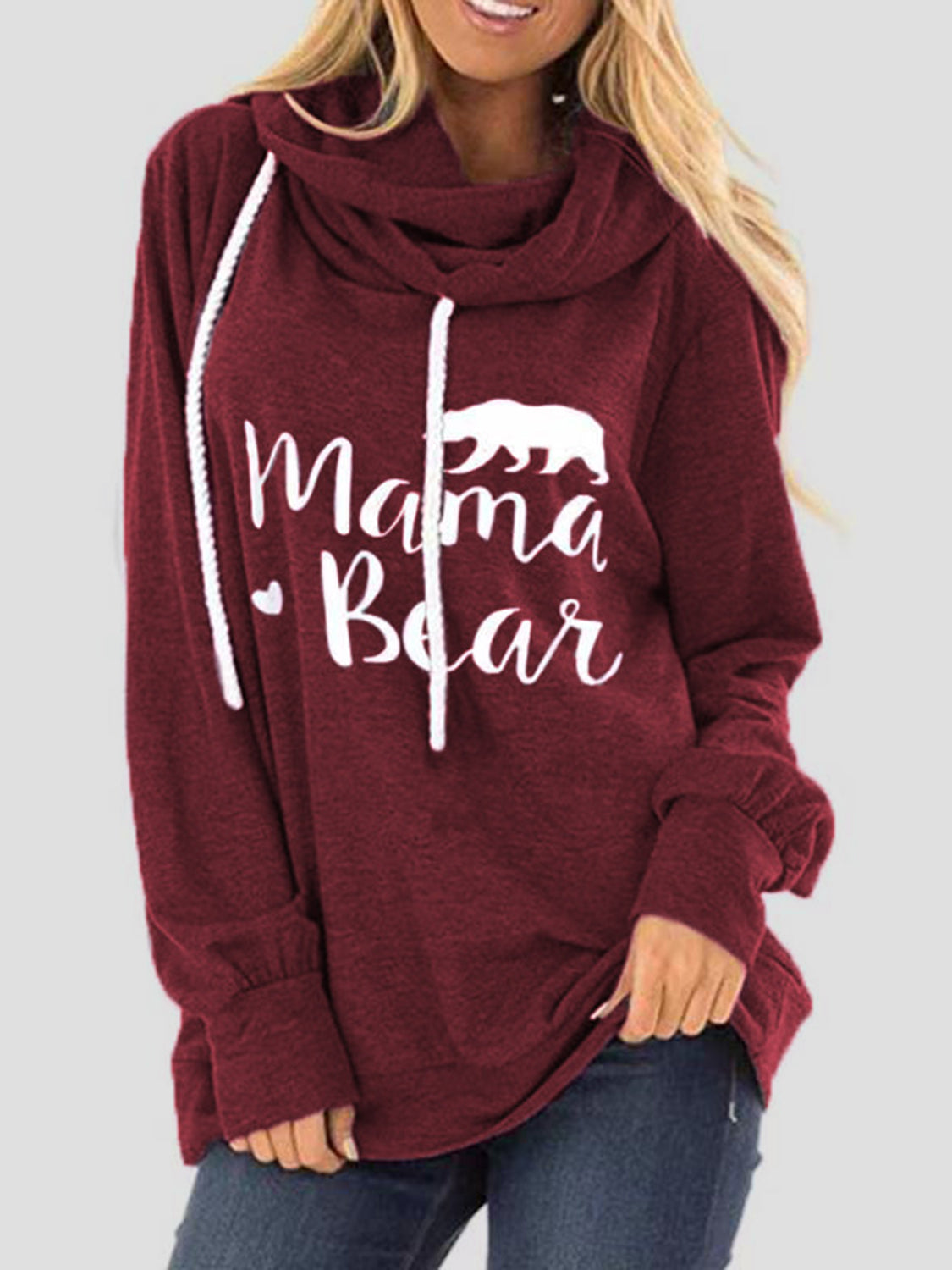 Drawstring Letter Graphic Long Sleeve Hoodie Burgundy