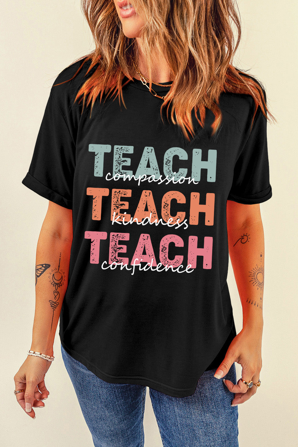 Letter Graphic Round Neck Short Sleeve T-Shirt Black