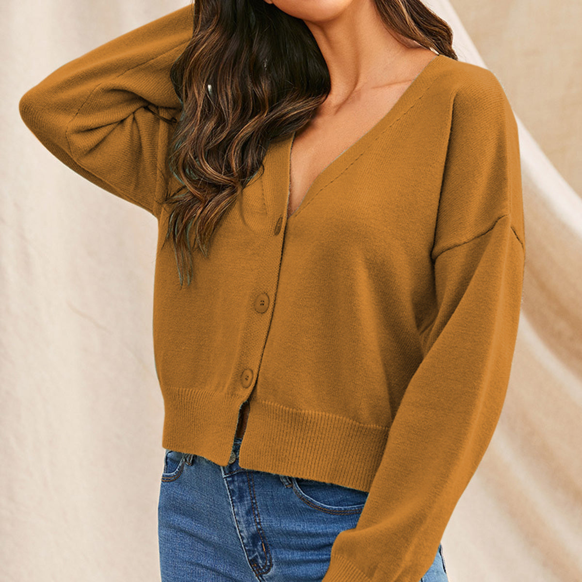 V-Neck Button Up Long Sleeve Cardigan Caramel