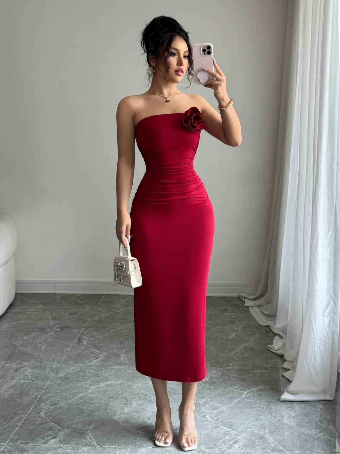 Slit Back Flower Tube Midi Dress