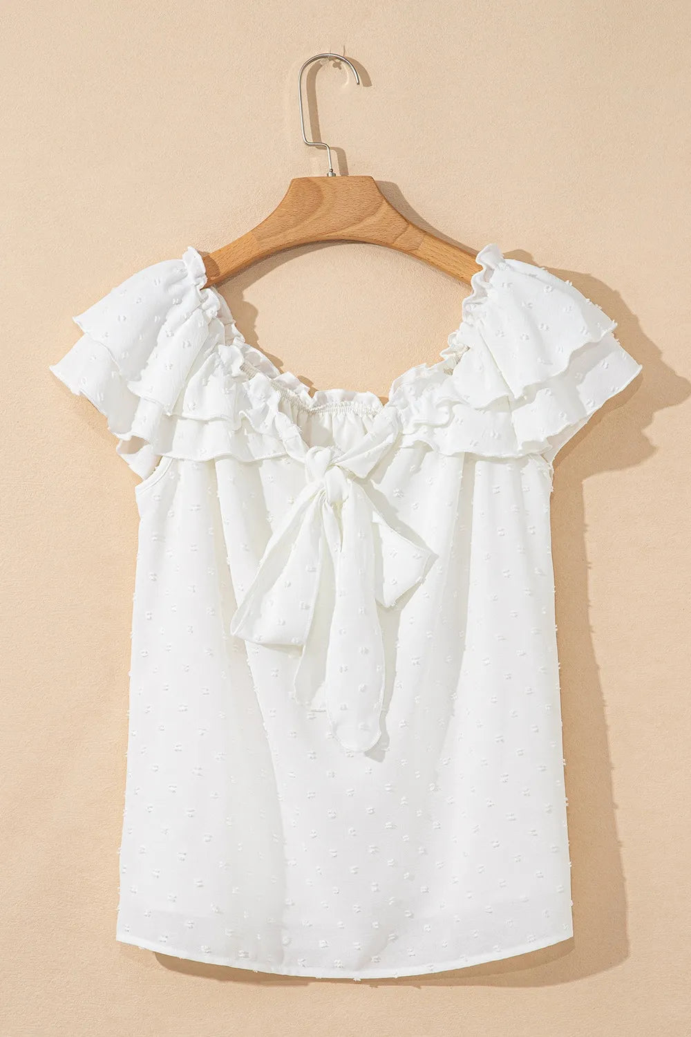 Off Shoulder Ruffle Knotted Detail Swiss Dot Blouse