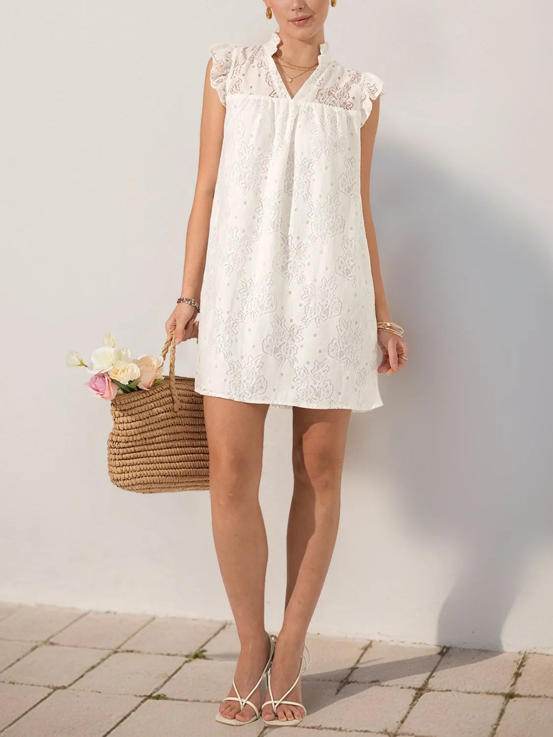 Lace Notched Cap Sleeve Mini Dress