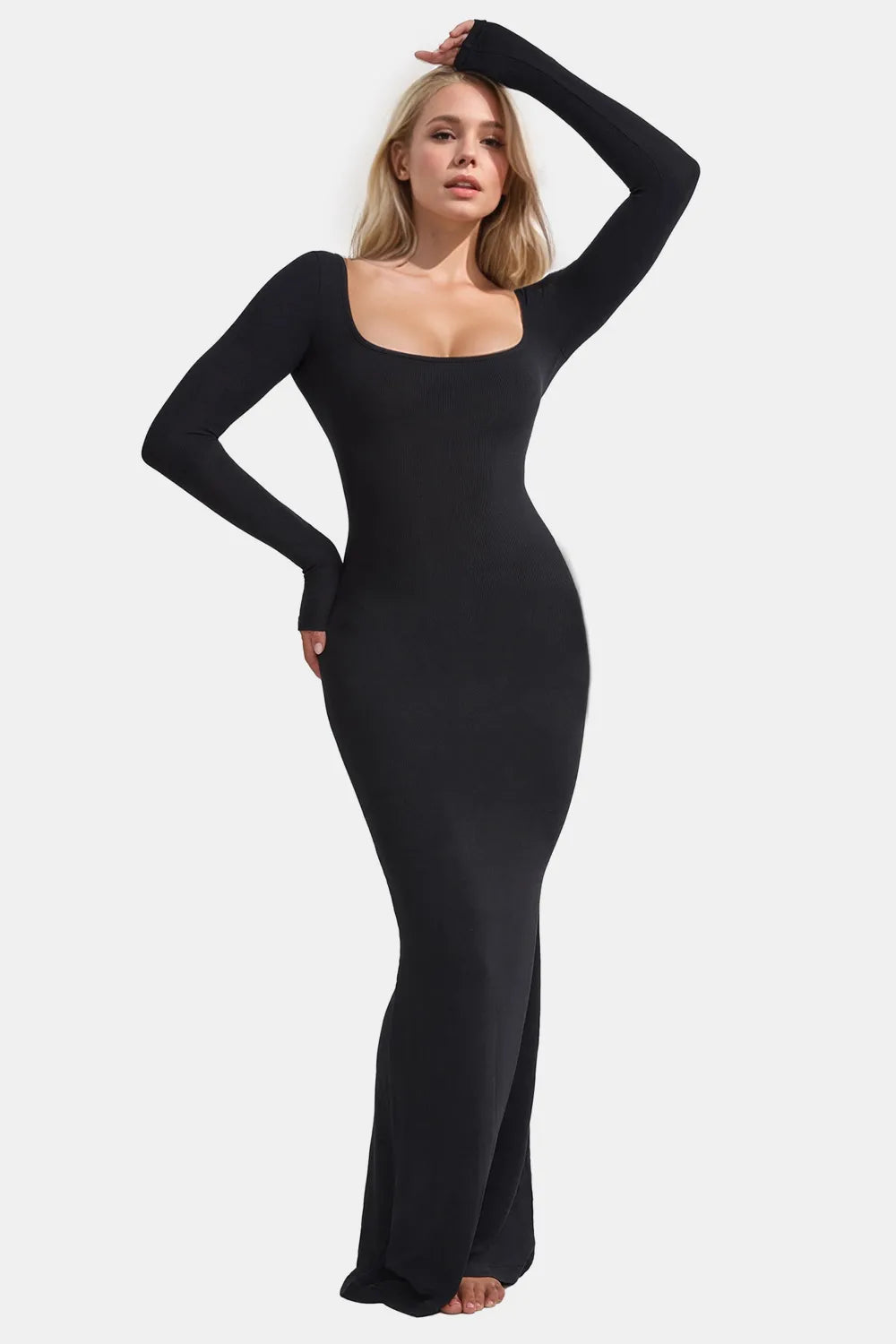 Basic Bae Built-In Shapewear Square Neck Long Sleeve Maxi Dress Black