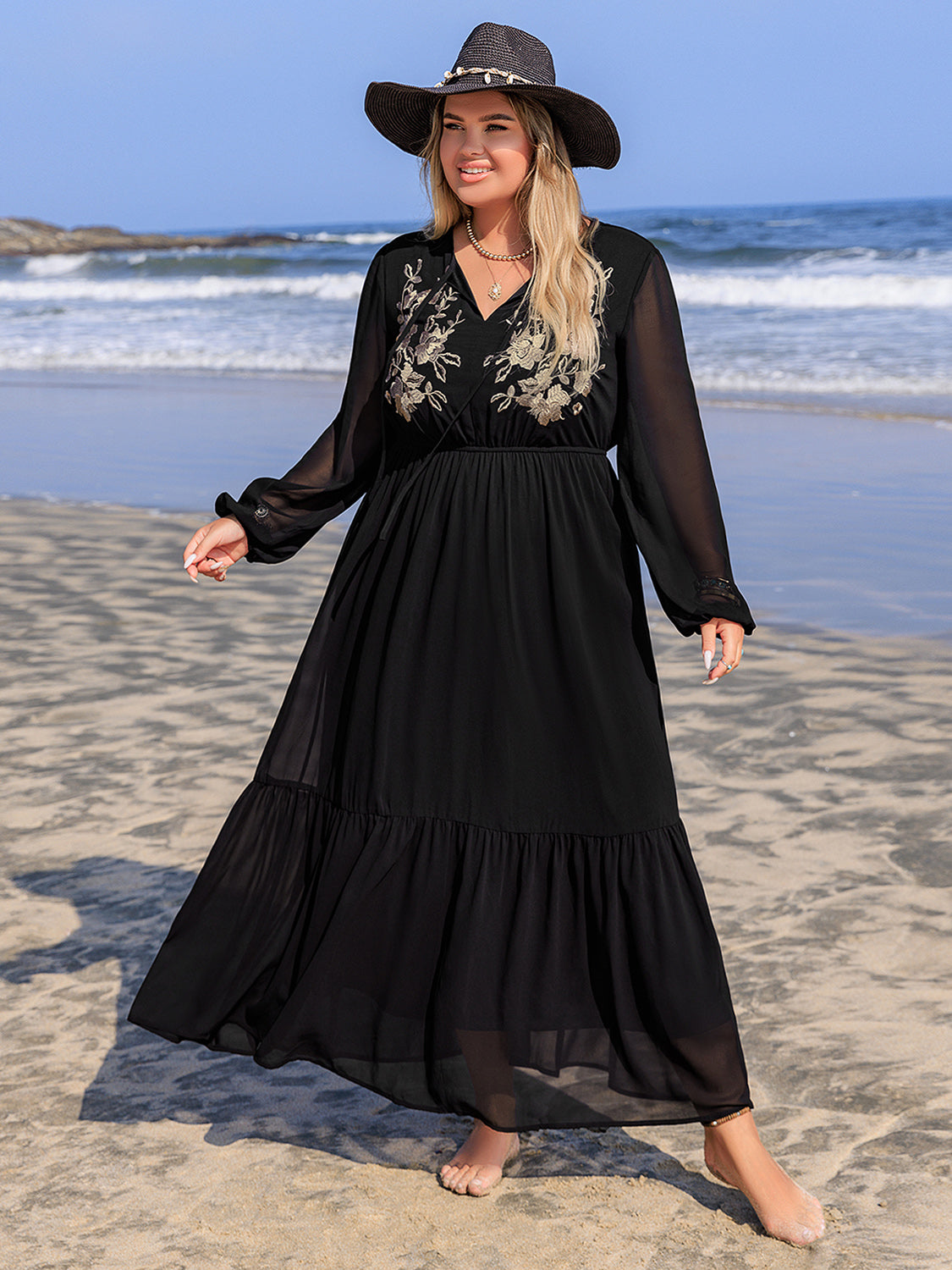 Plus Size Embroidered Tie Neck Long Sleeve Dress Black