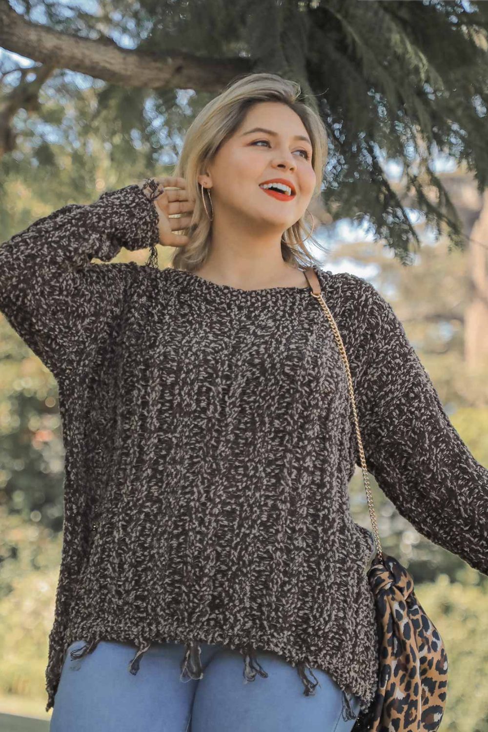 Umgee Full Size Frayed Hem Cable Knit Round Neck Sweater Plus Size