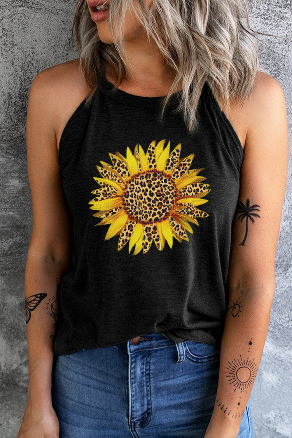 Sunflower Graphic Round Neck Tank Black