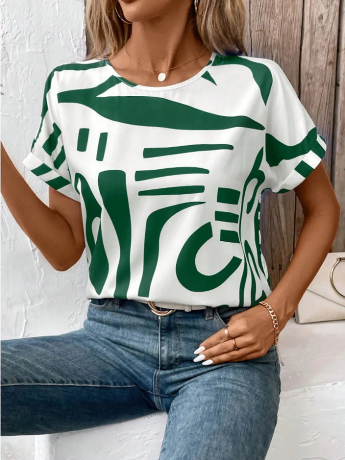 Contrast Round Neck Short Sleeve Blouse Dark Green