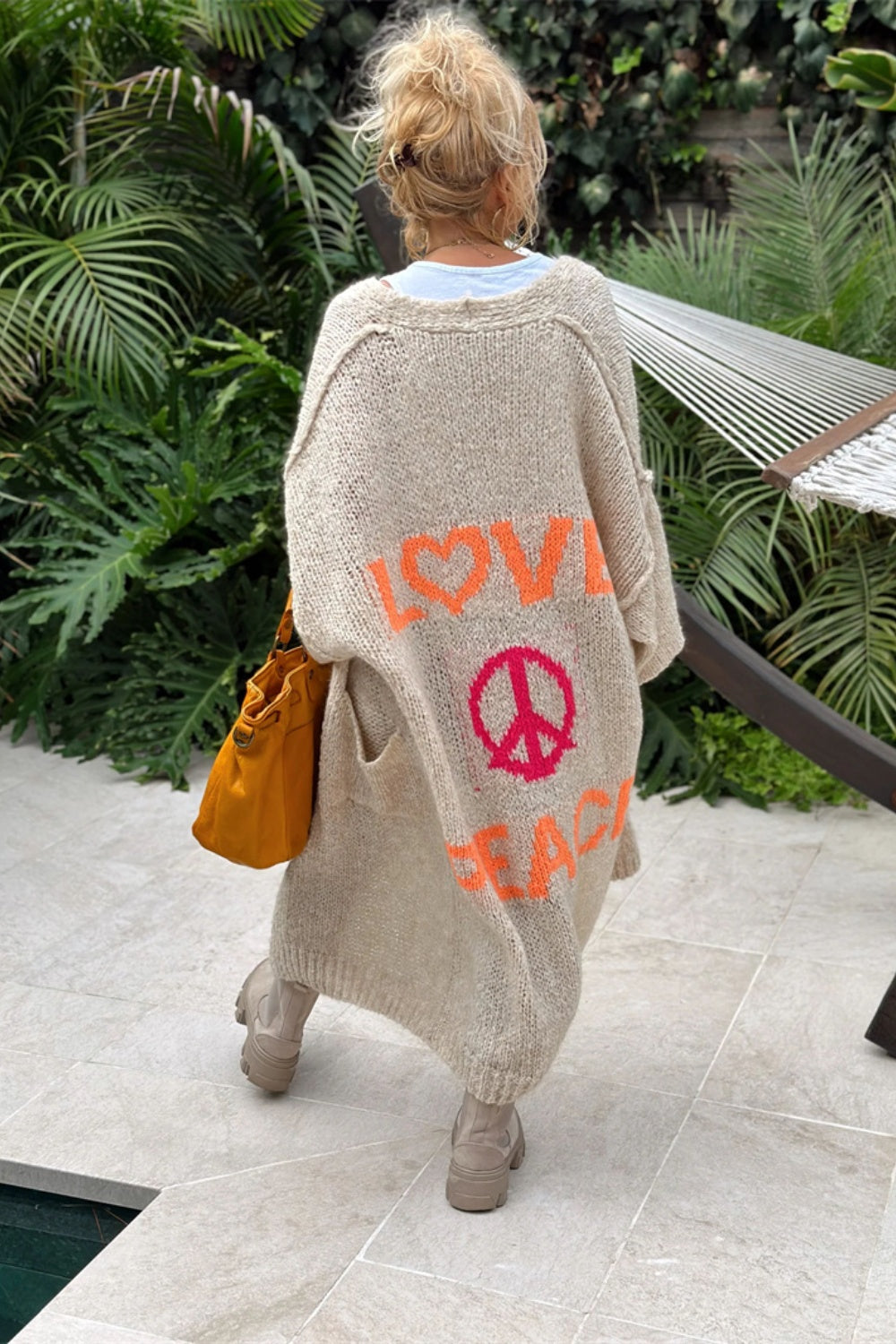 Letter Dropped Shoulder Long Sleeve Cardigan Khaki