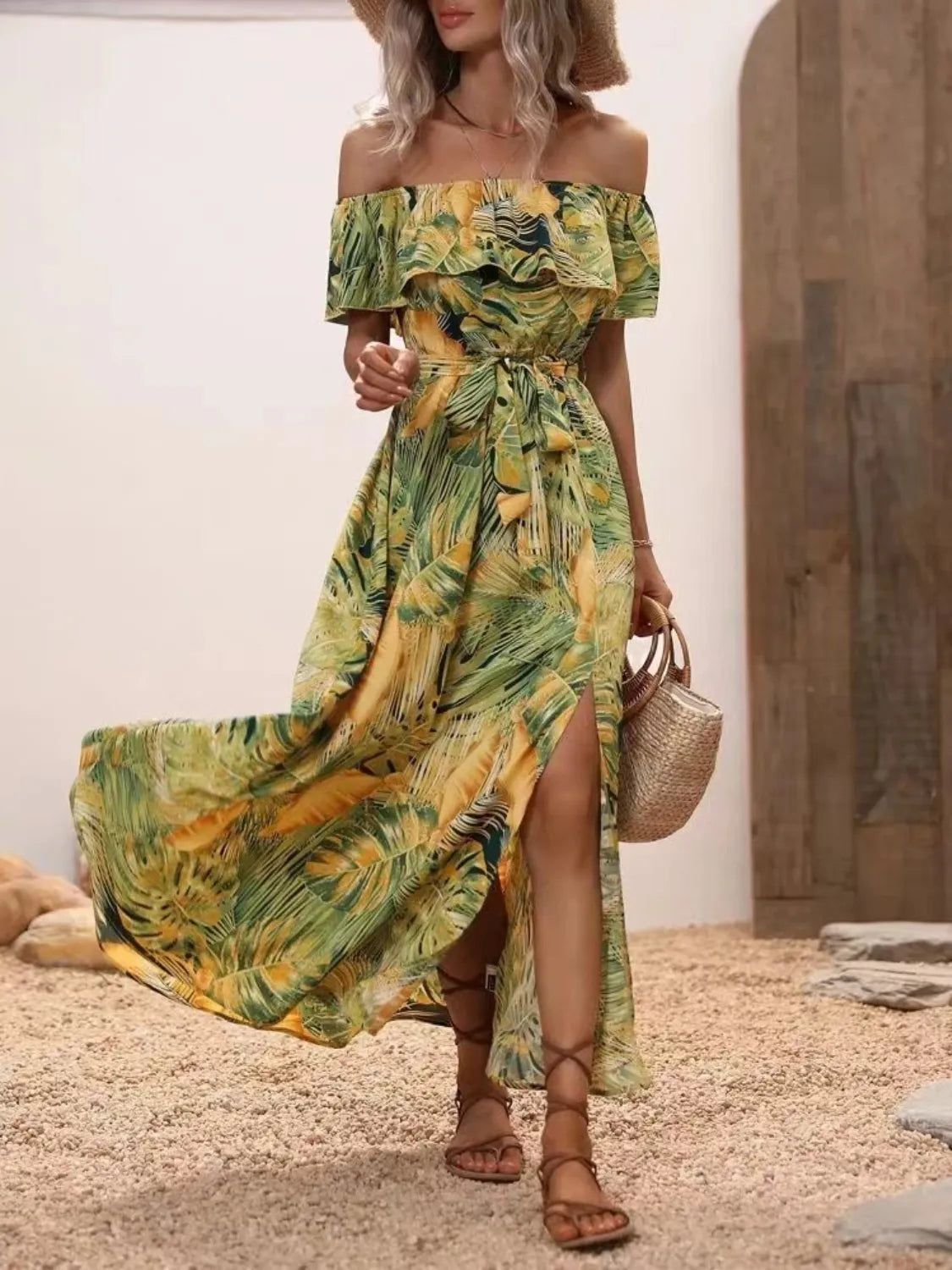 Ruffled Printed Off Shoulder Maxi Dress Yellow-Green