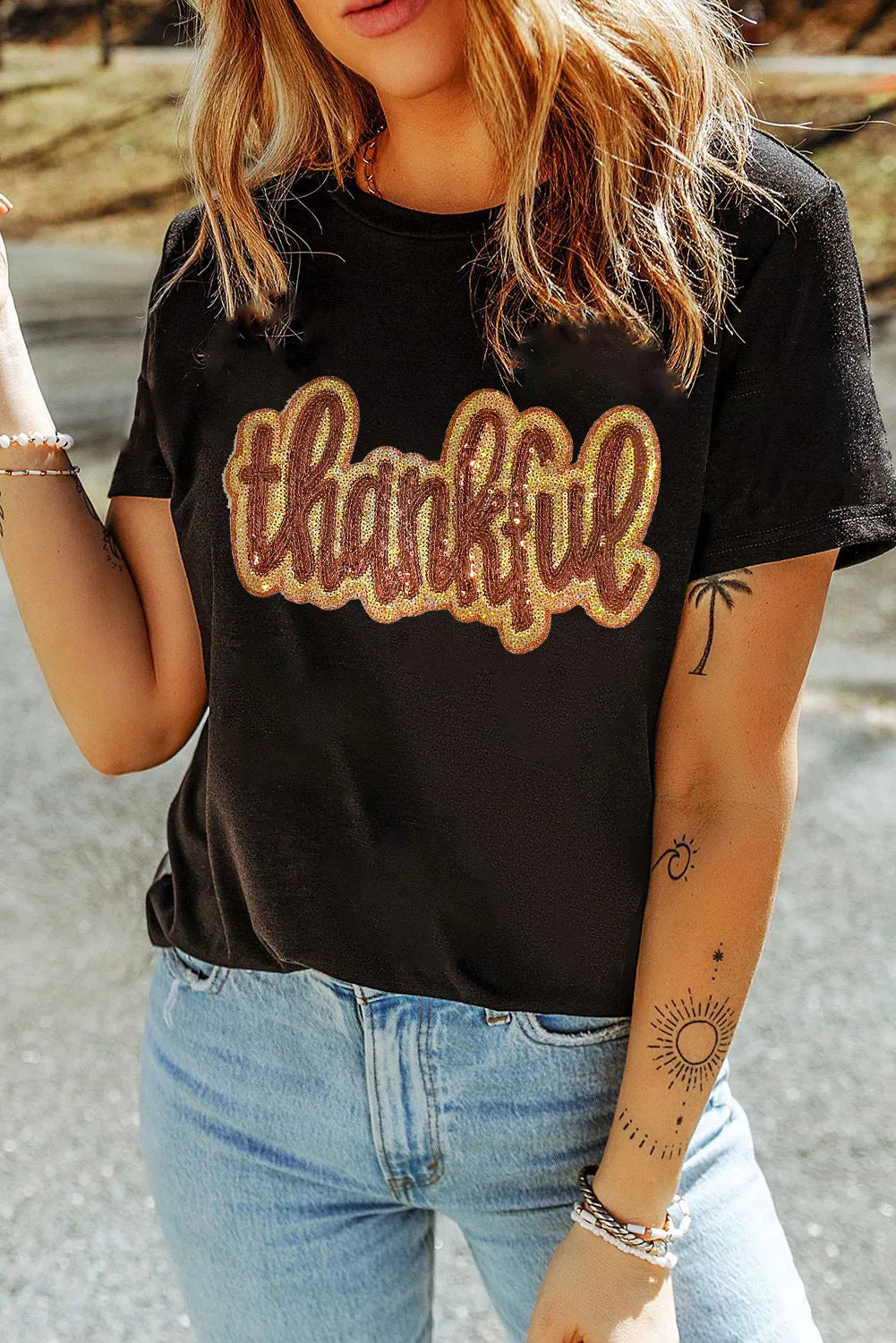 THANKFUL Sequin Round Neck Short Sleeve T-Shirt Black