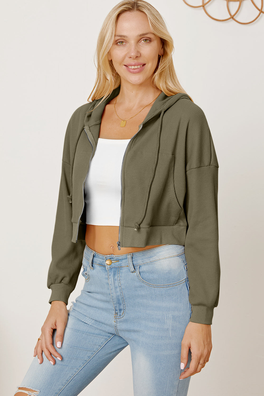 Waffle-Knit Drawstring Zip Up Hoodie Army Green