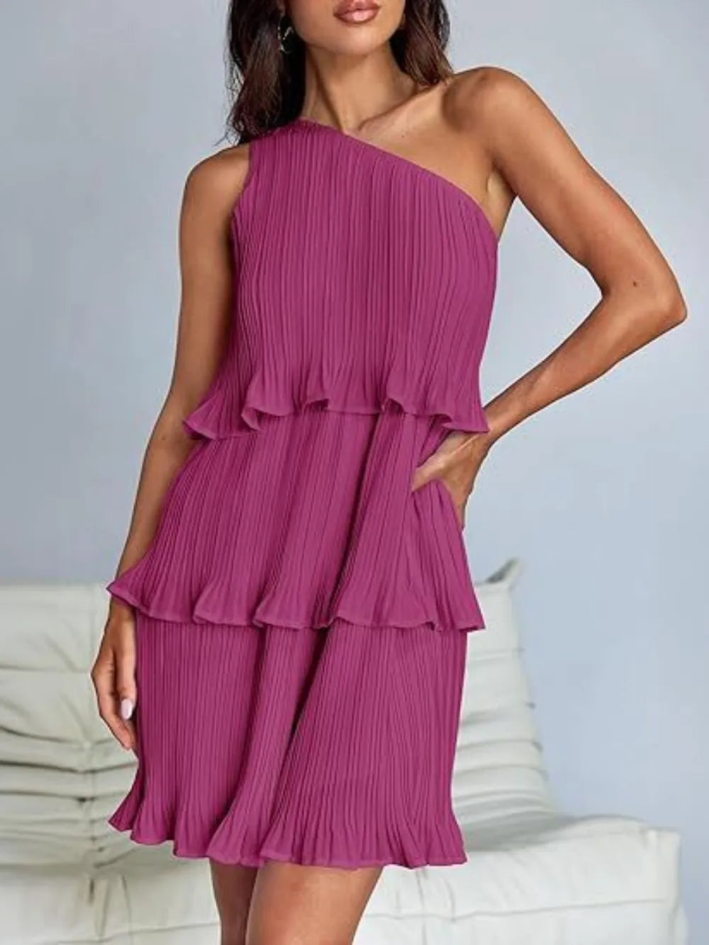 Layered Single Shoulder Mini Dress Red-Violet