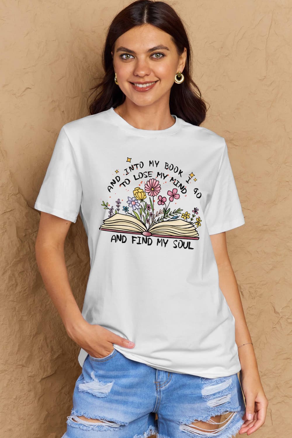 Simply Love Full Size Book & Flower Graphic Cotton Tee White