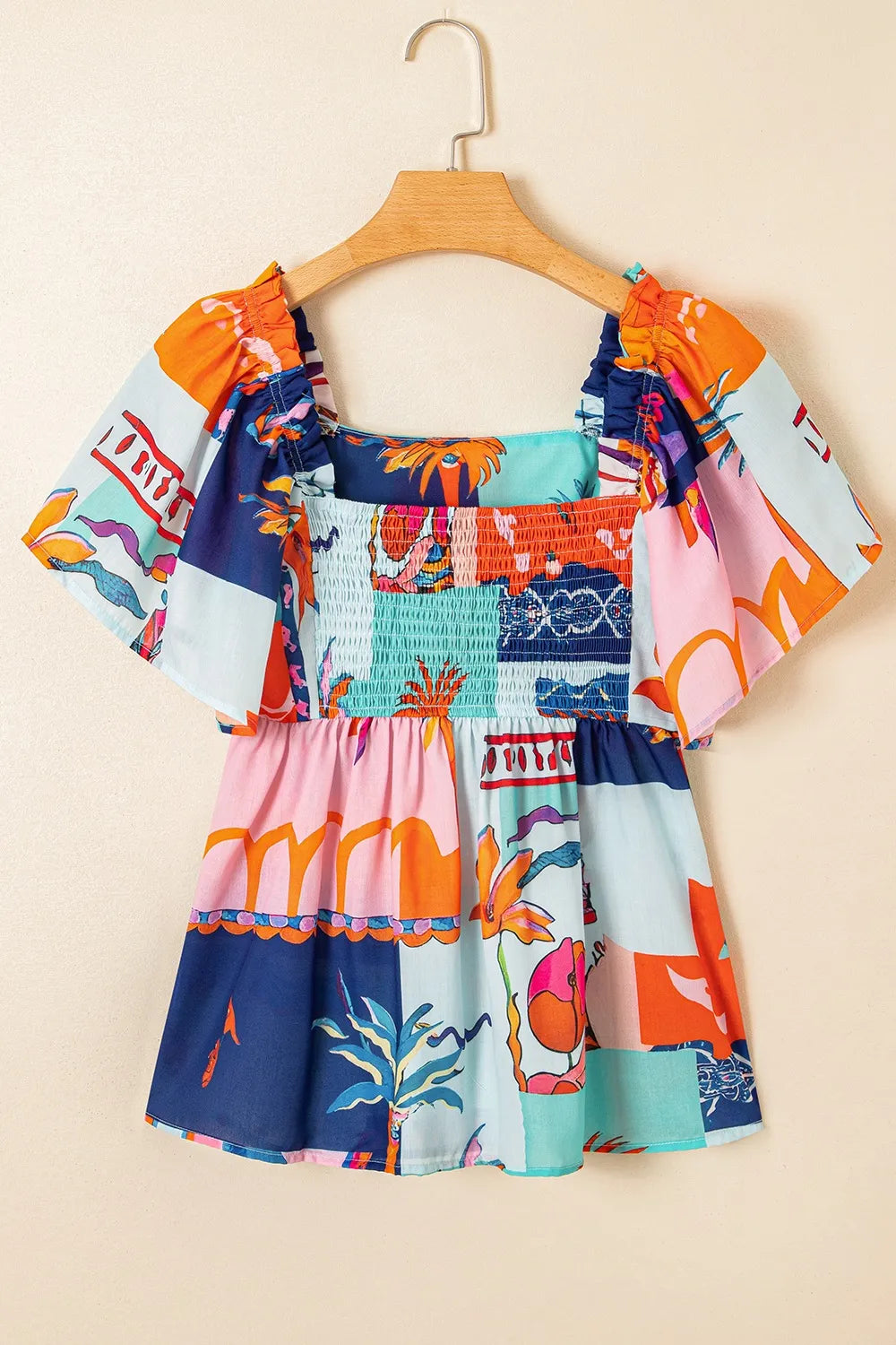 Printed Square Neck Ruffled Short Sleeve Blouse