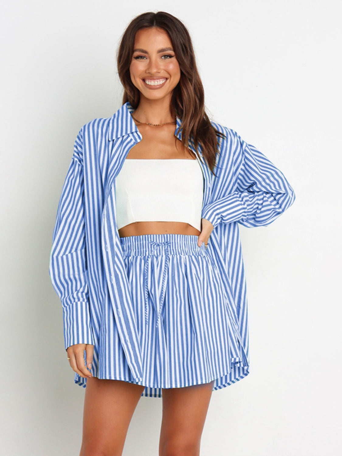 Striped Dropped Shoulder Shirt and Shorts Set Light Blue