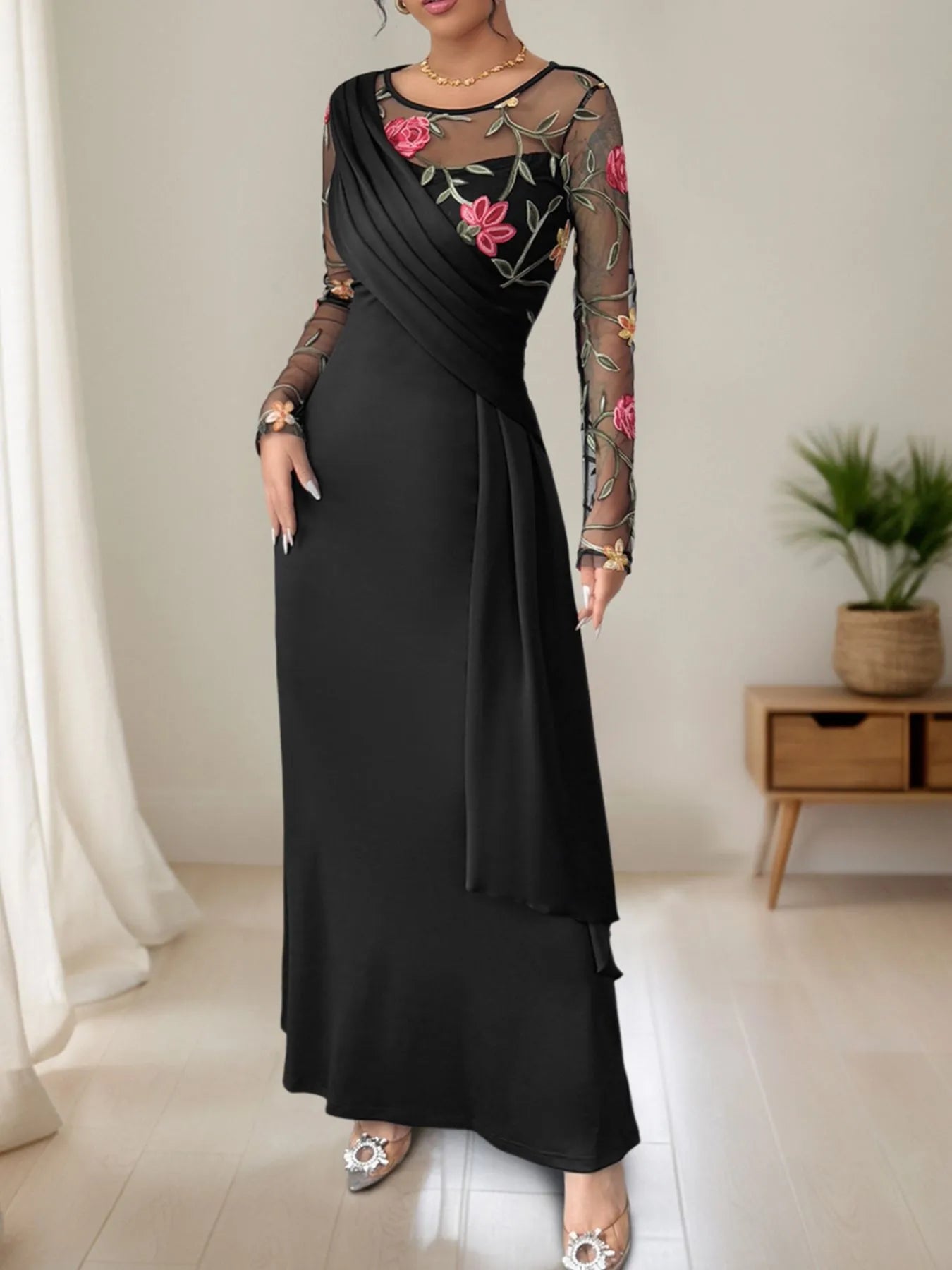 Floral Mesh Sleeve Ruched Maxi Dress Black