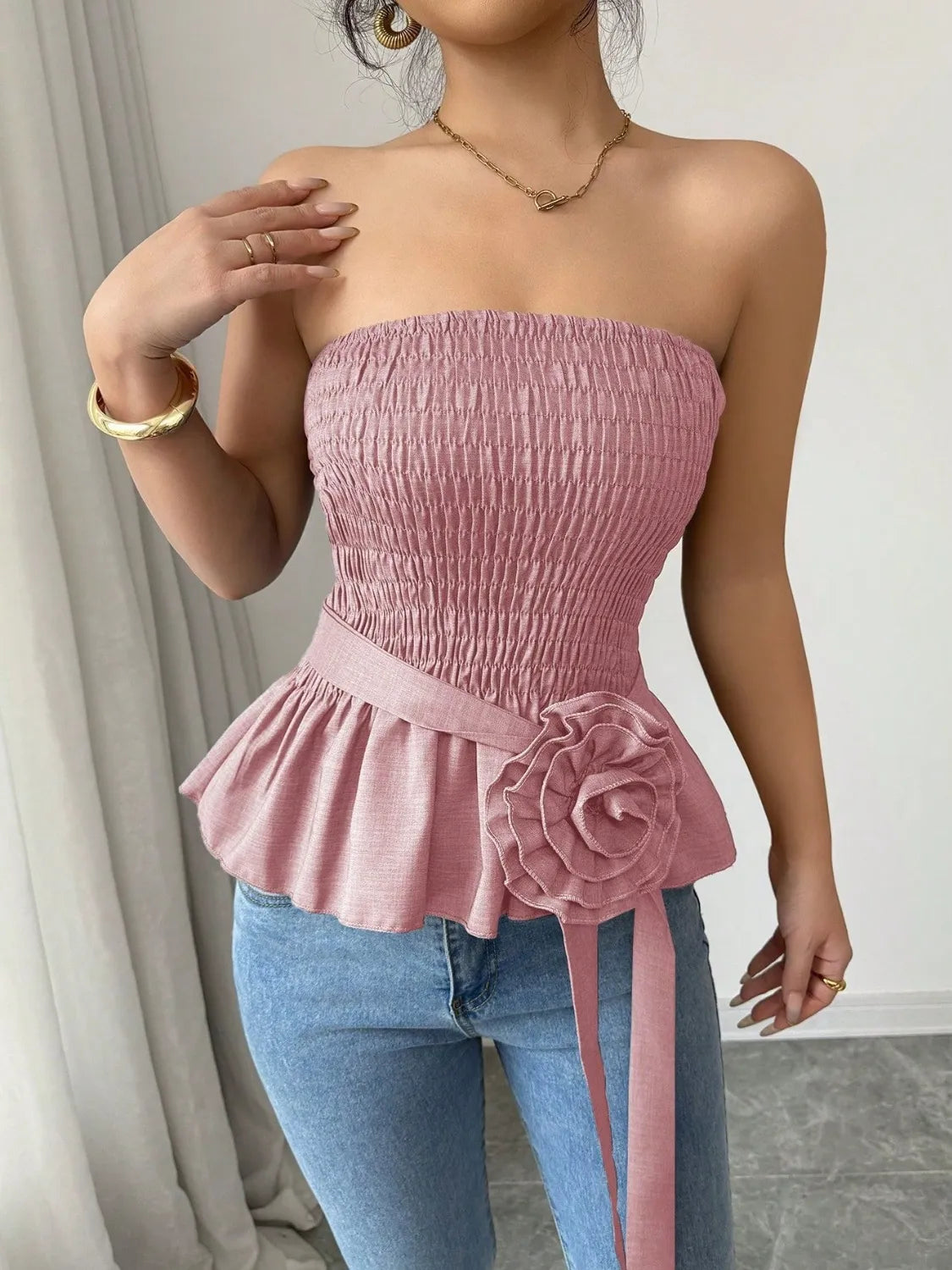 Flower Smocked Tube Top Dusty Pink