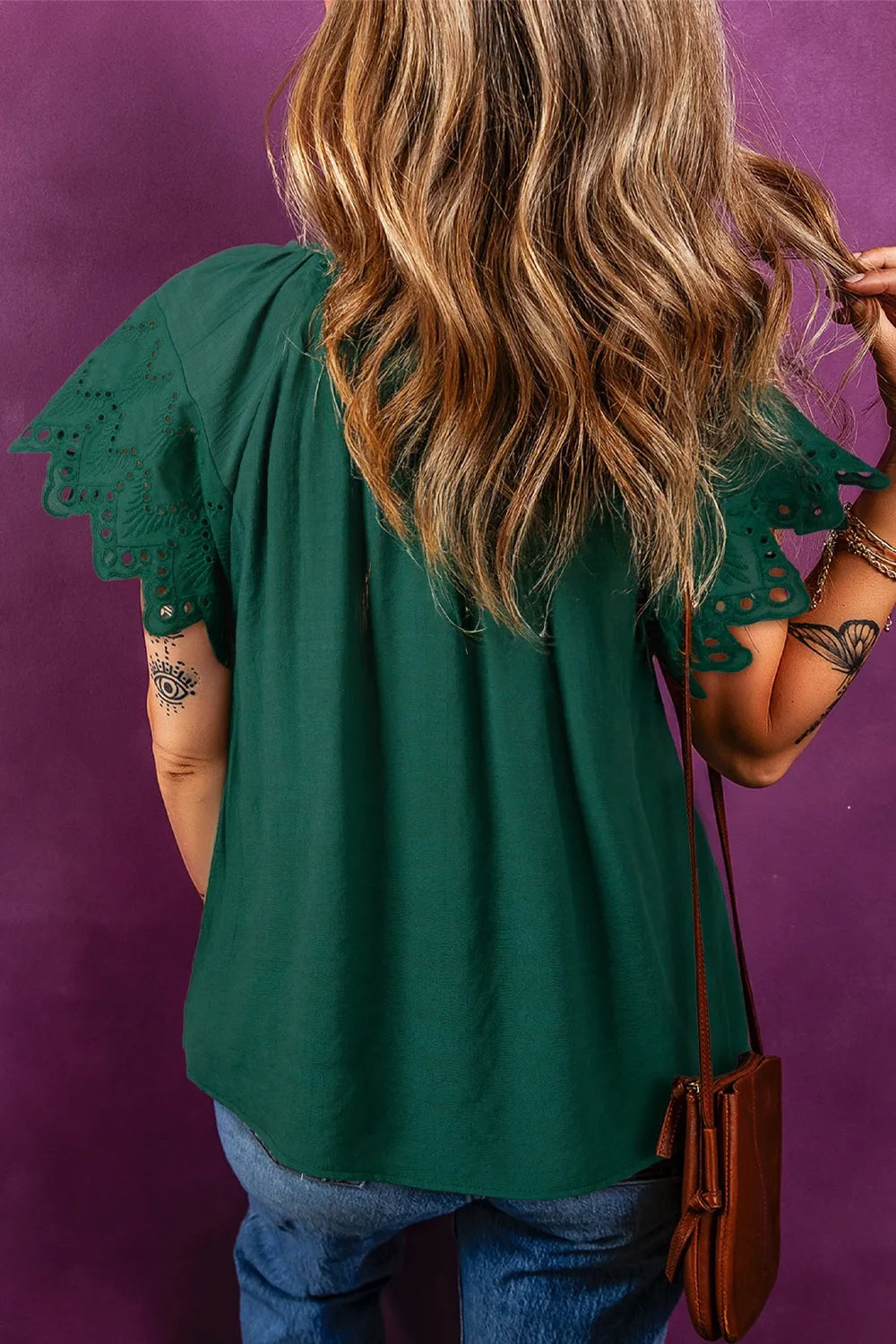 Eyelet Embroidered Sleeve Tie Neck Blouse