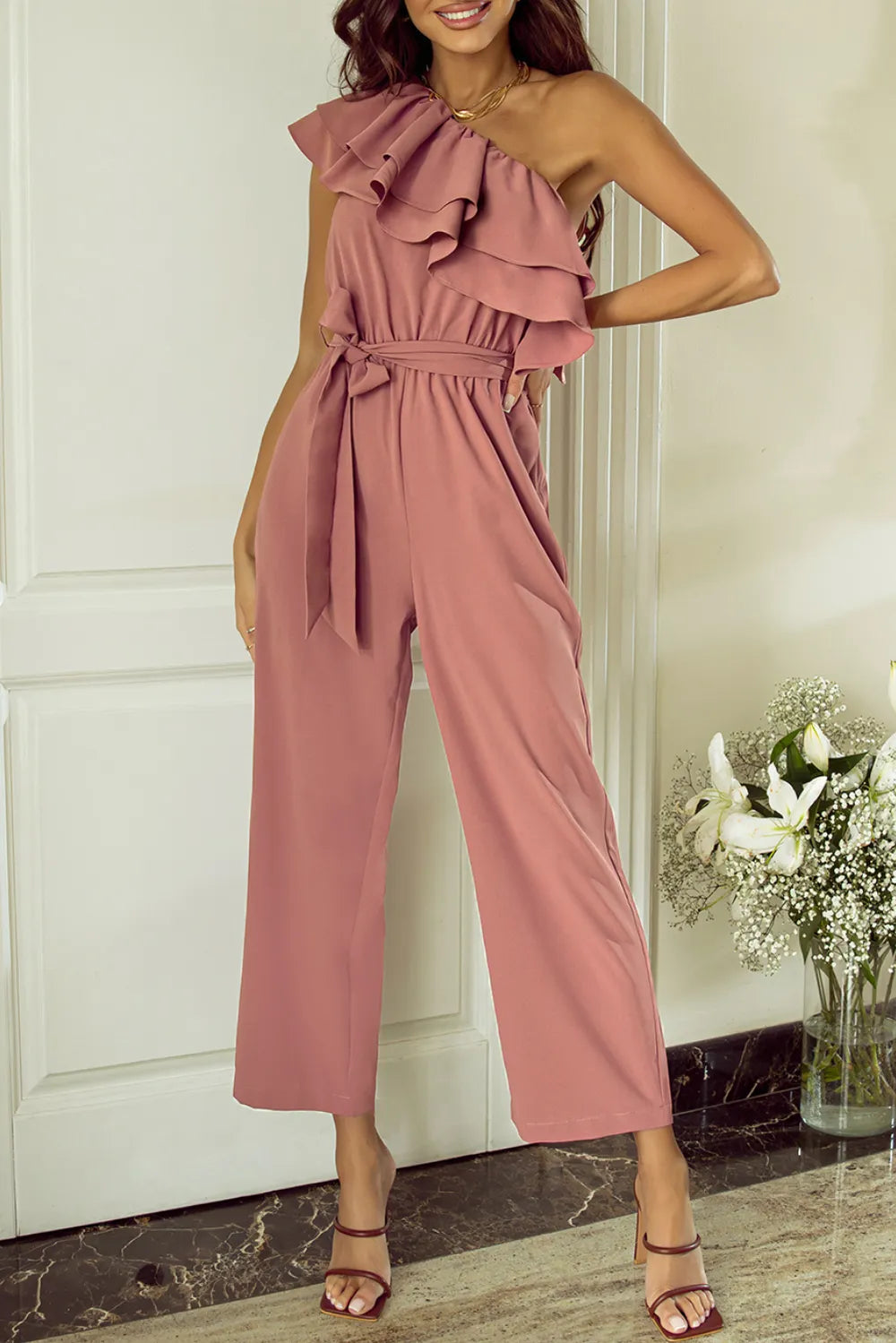 Ruffled Tied One-Shoulder Jumpsuit Dusty Pink