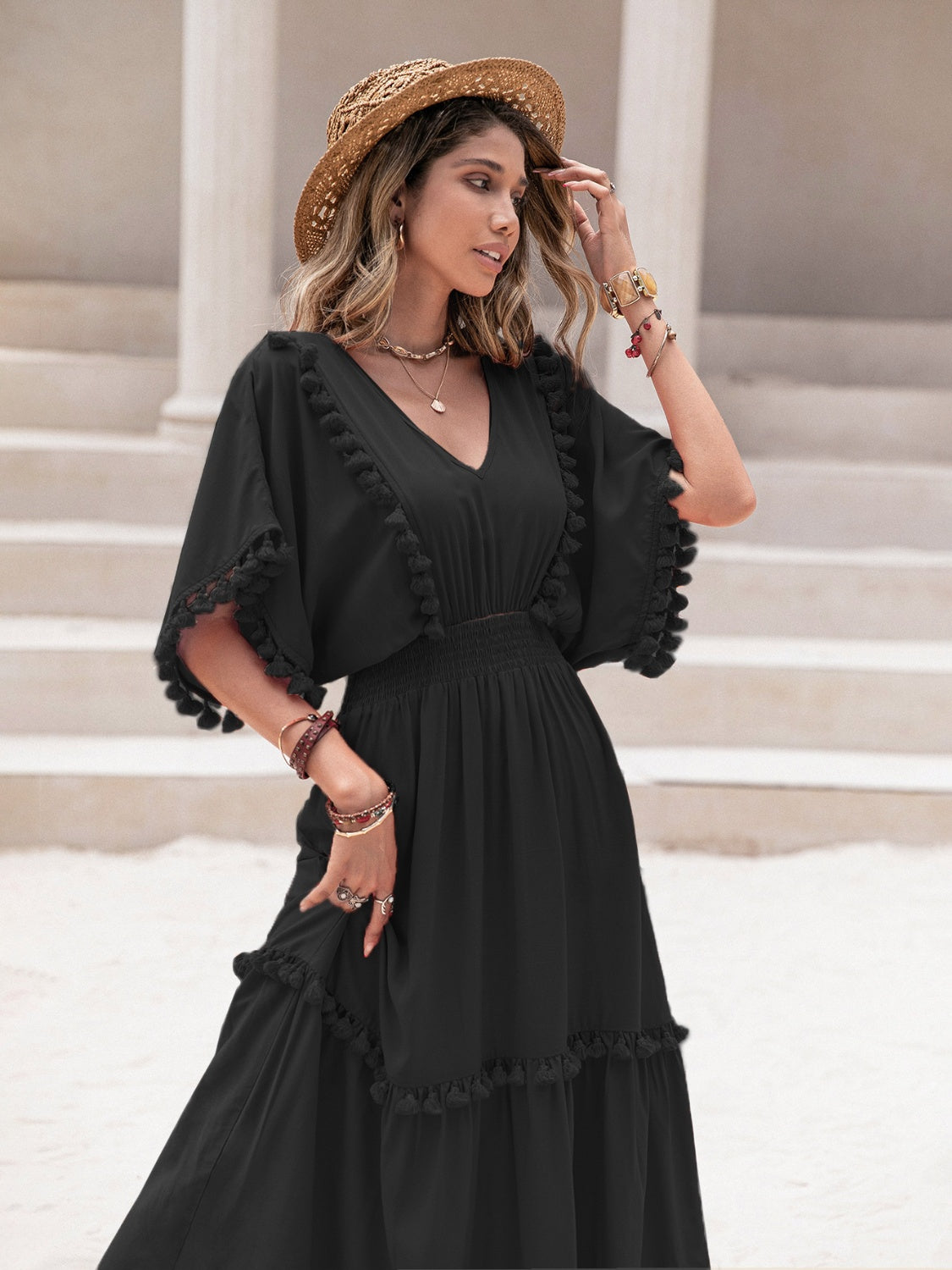 Tassel Trim Smocked V-Neck Short Sleeve Dress Black