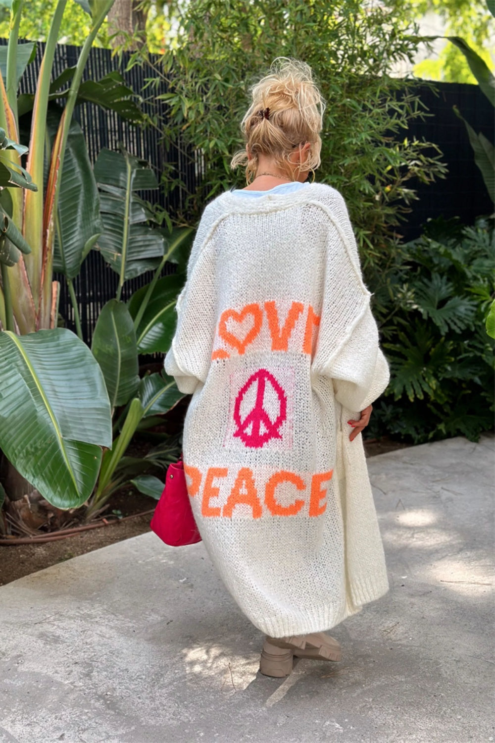 Letter Dropped Shoulder Long Sleeve Cardigan White