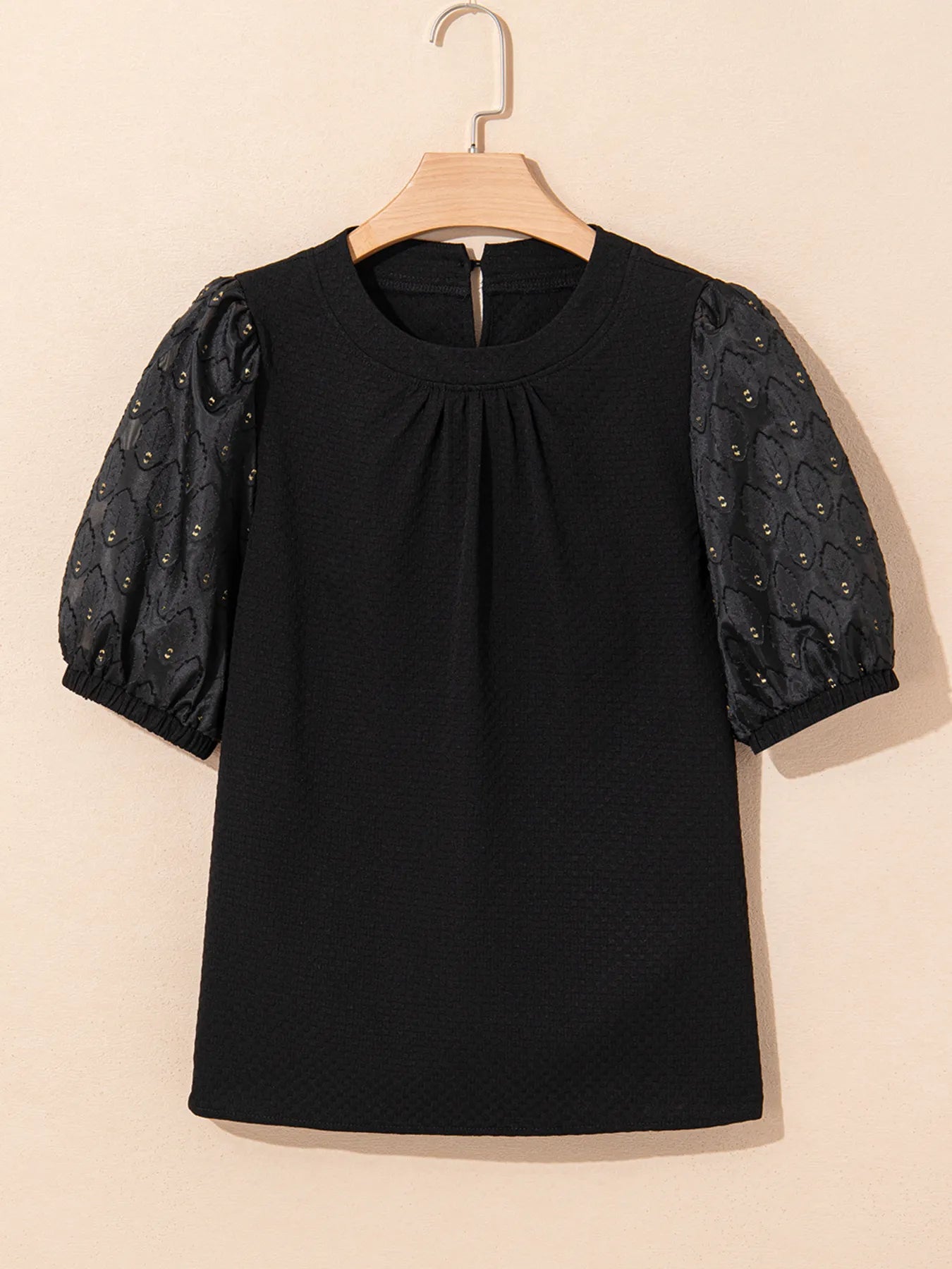 Bubble Sleeve Patchwork Textured Blouse