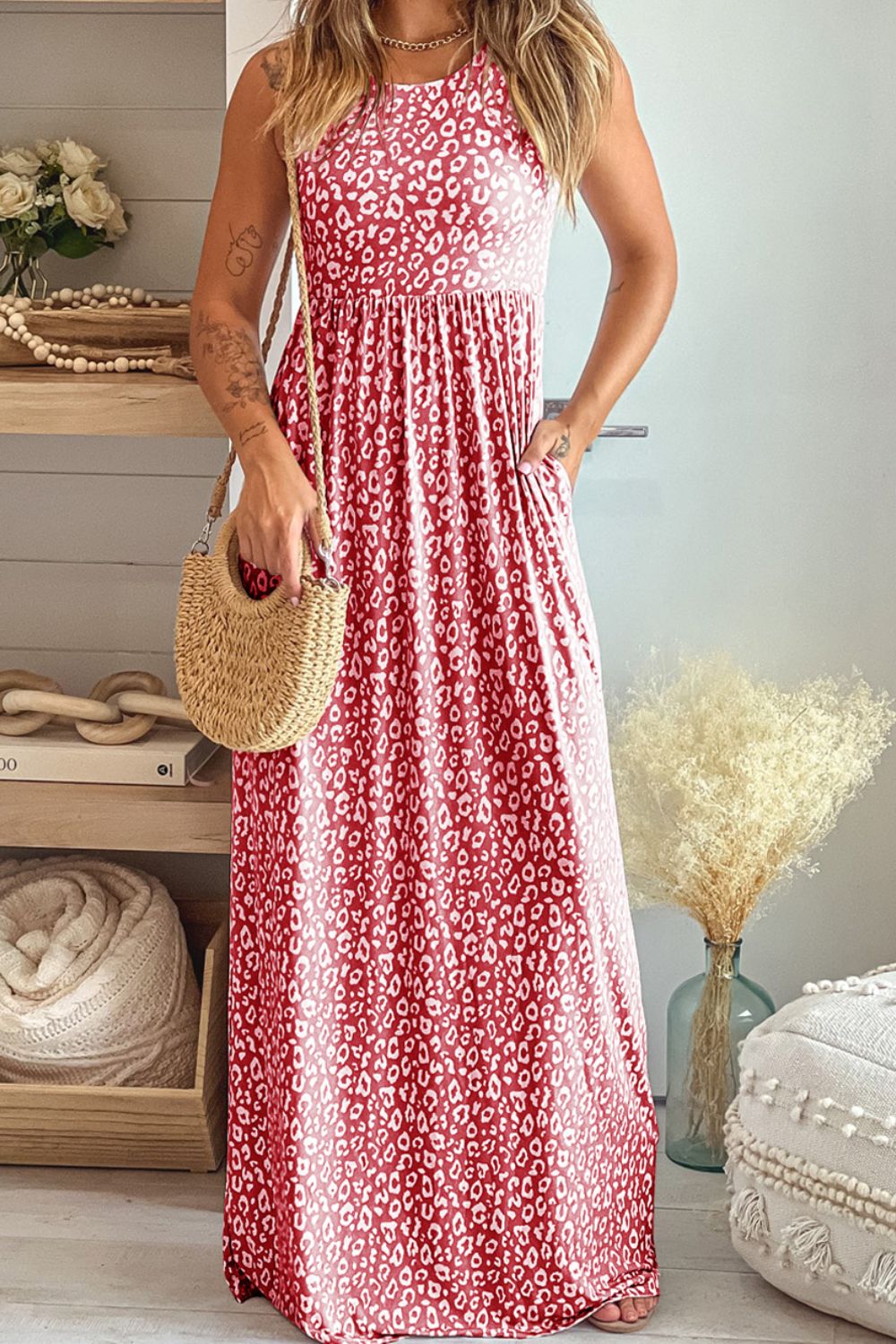 Leopard Round Neck Sleeveless Maxi Dress Dusty Pink