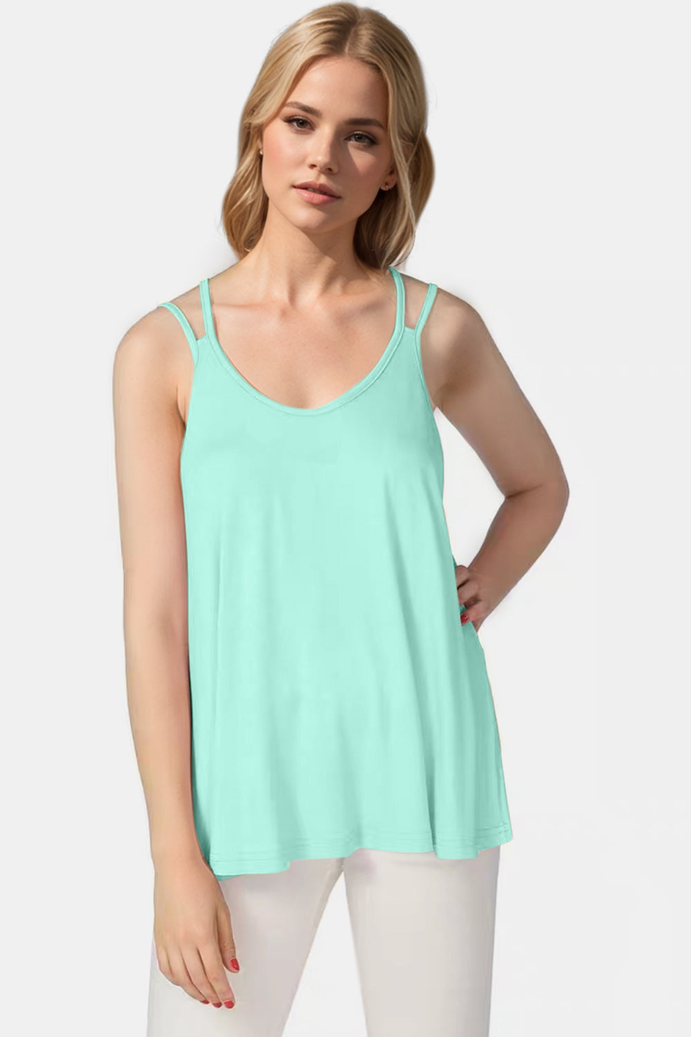 Basic Bae Bamboo Scoop Neck Double Spaghetti Straps Cami Mint Blue
