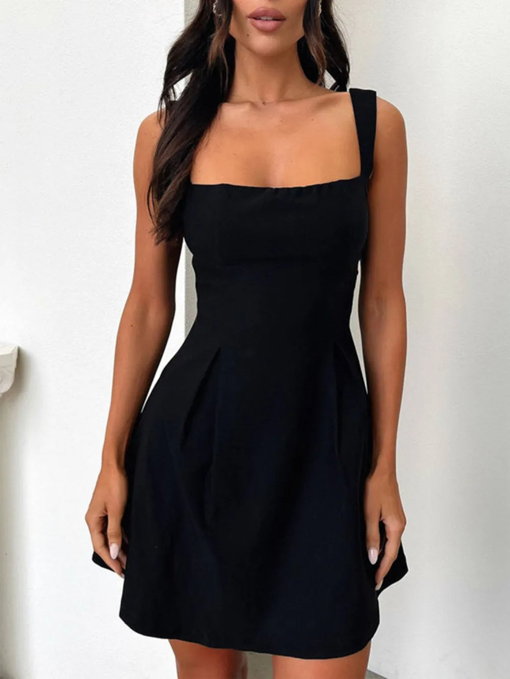 Devine Bow Back Square Neck Mini Dress Black
