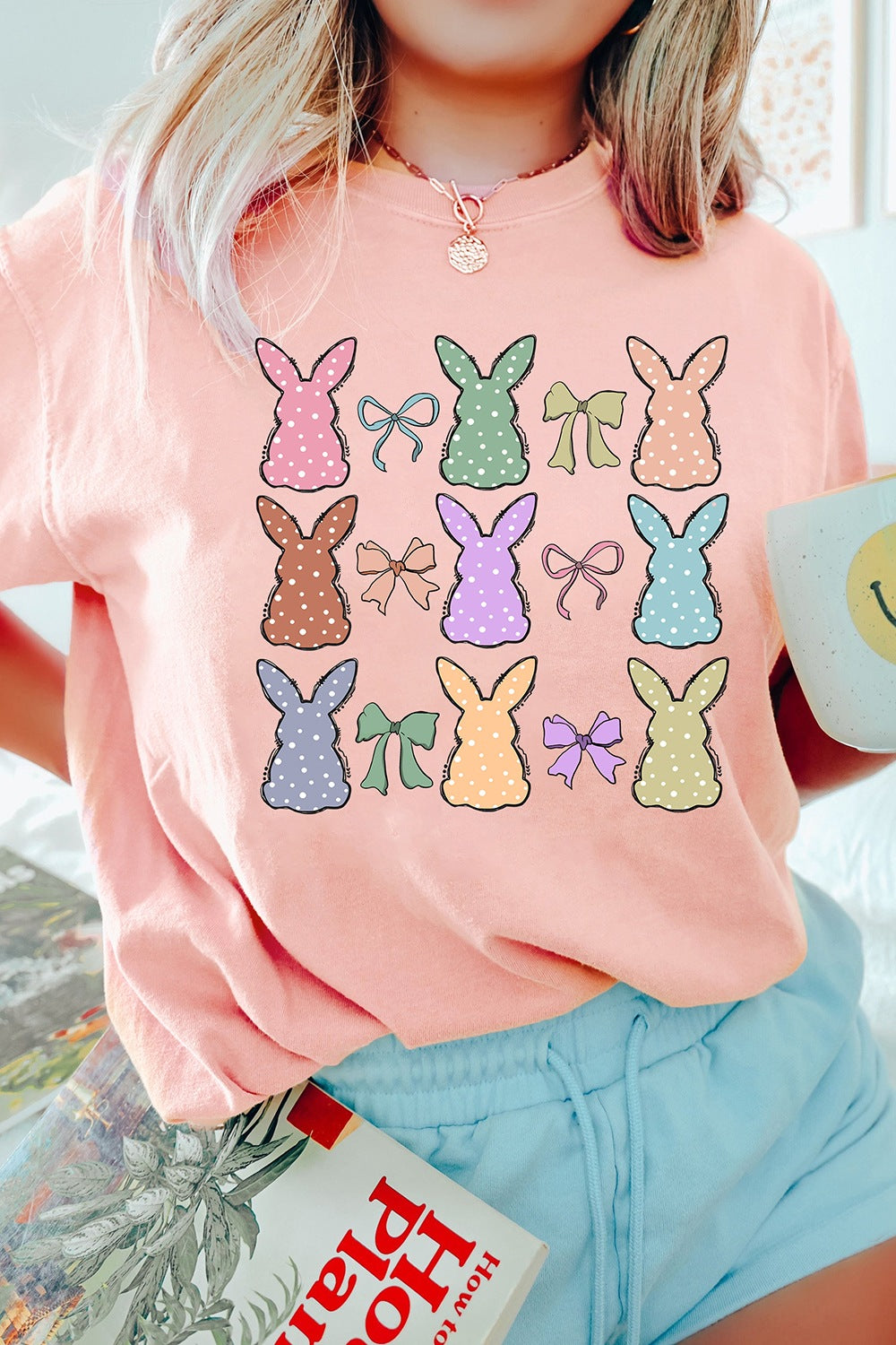 Dotty Bunny Bow Graphic Short Sleeve T-Shirt Watermelon pink