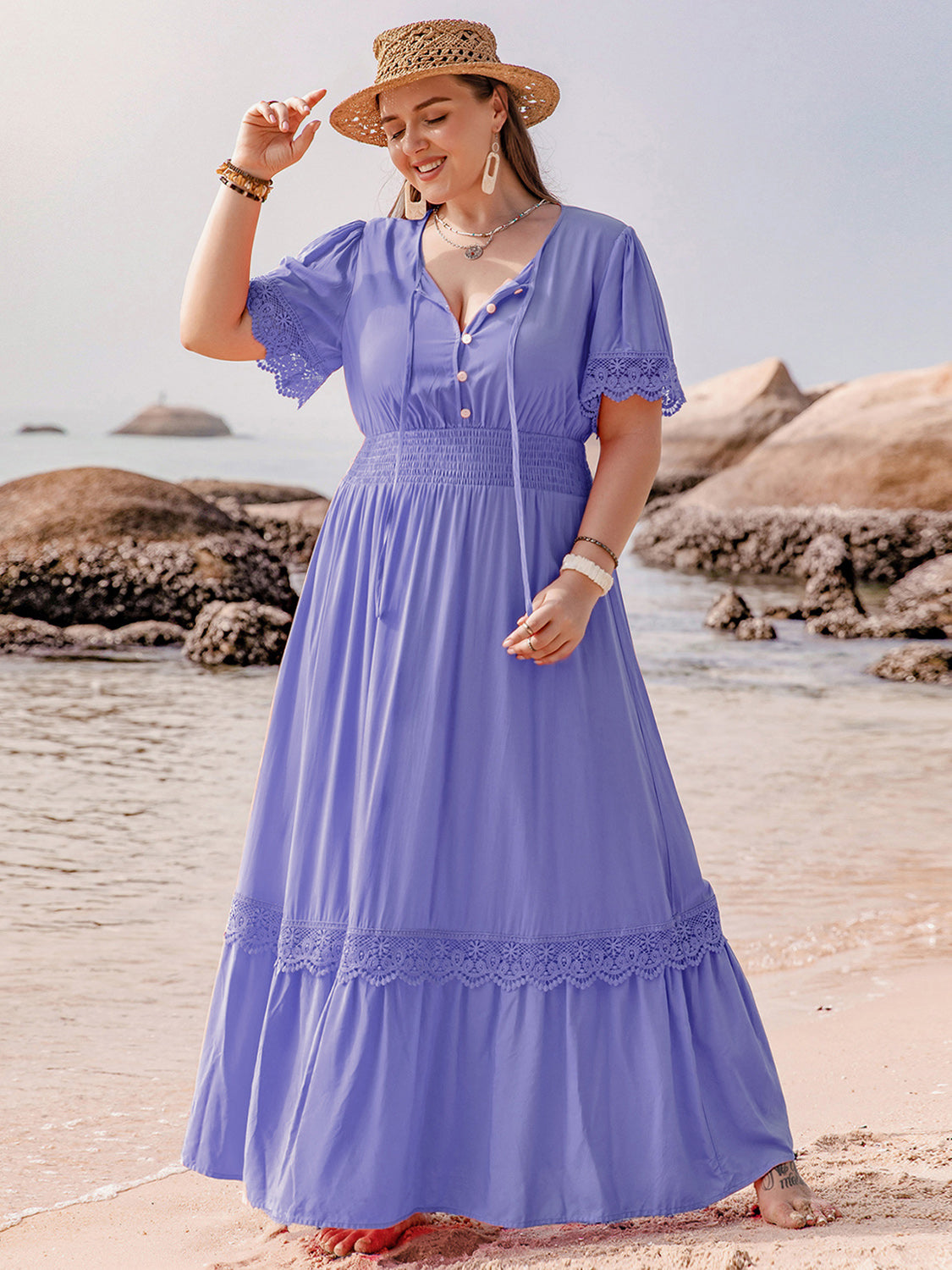 Plus Size Lace Detail Tie Neck Short Sleeve Maxi Dress Lavender