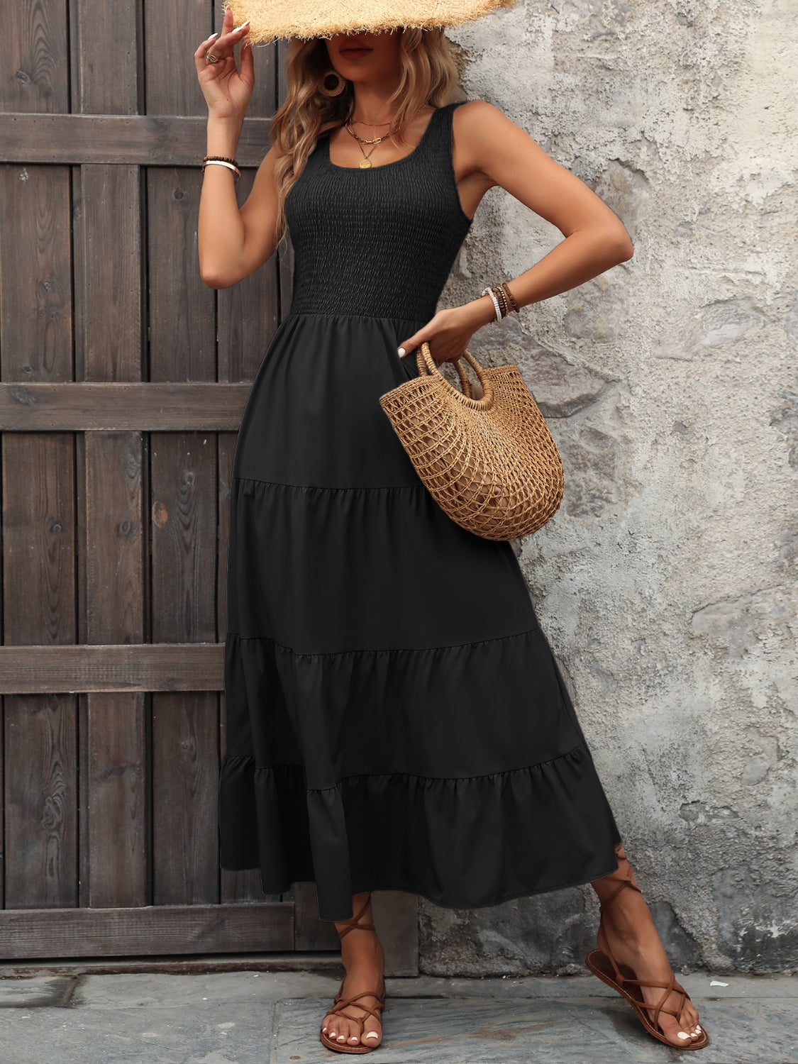Ivy Lane Smocked Scoop Neck Sleeveless Tank Dress Black