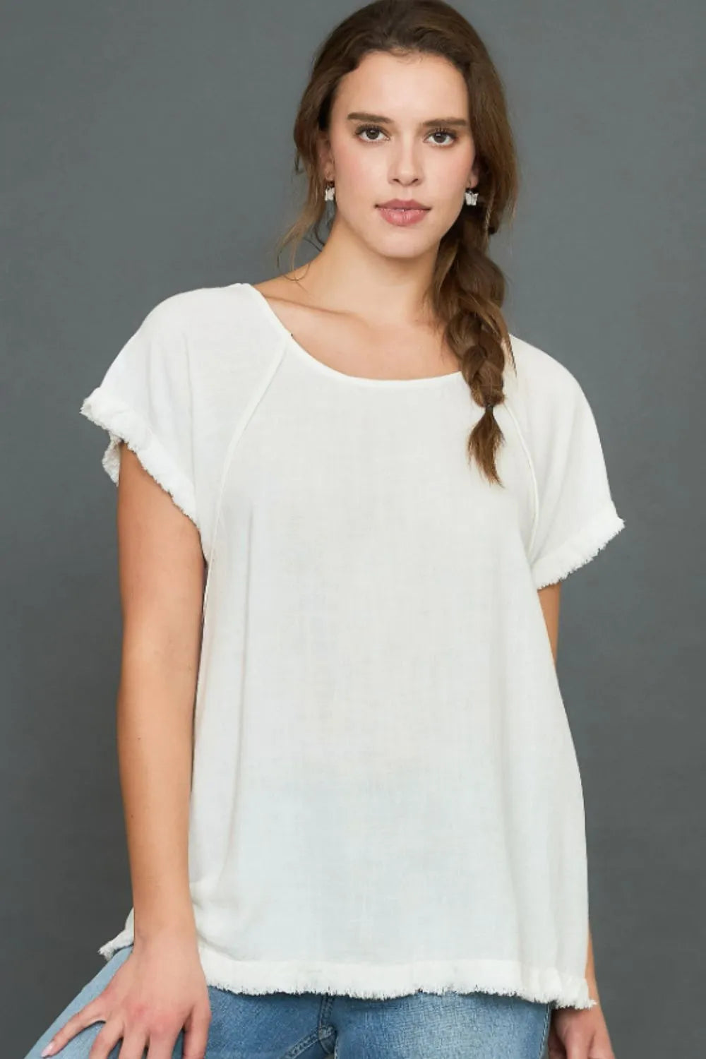 Umgee Full Size Seam Detail Linen Ruffle Fringe Edge Top Plus Size OFF WHITE
