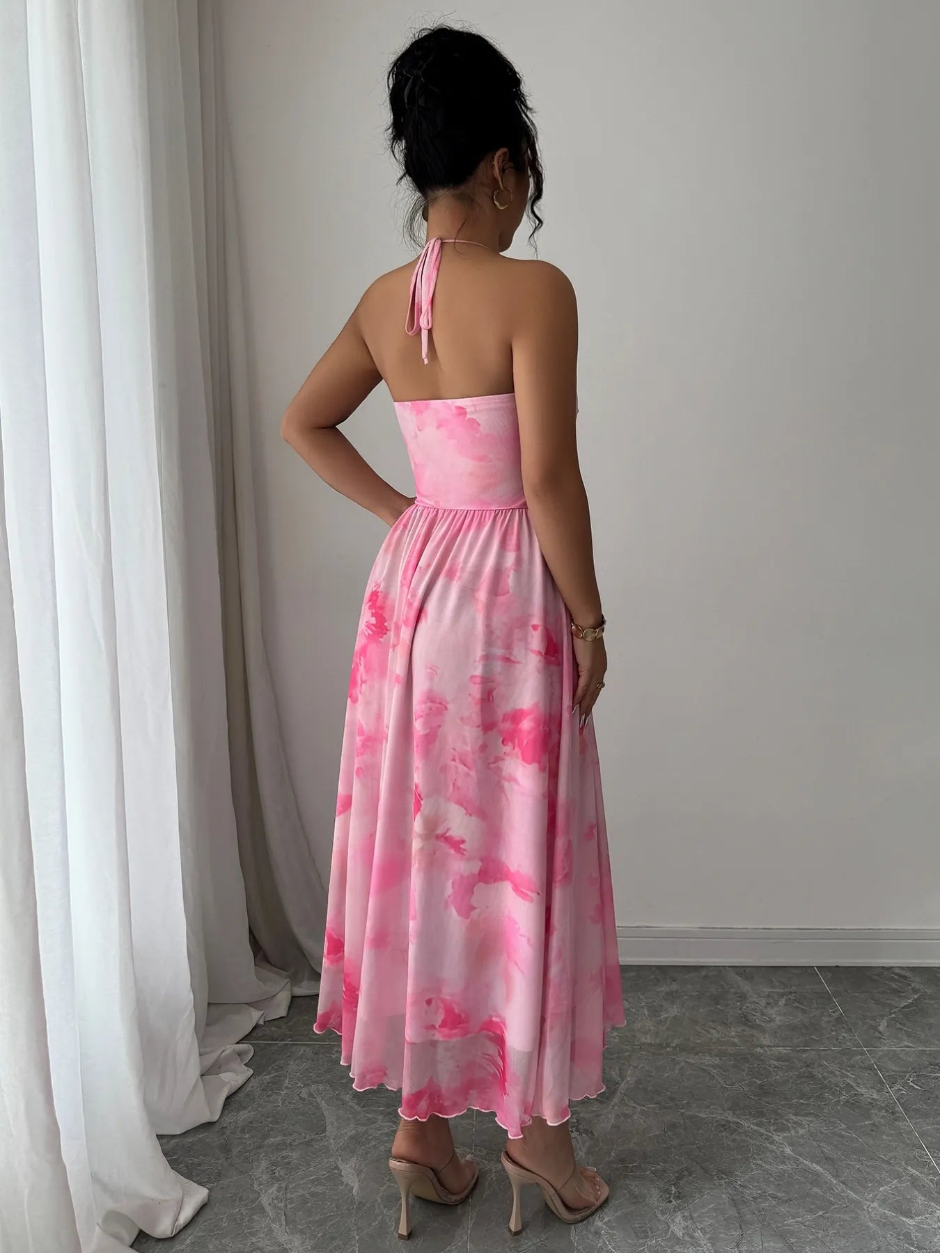 Tie-Dye Halter Sleeveless Midi Dress