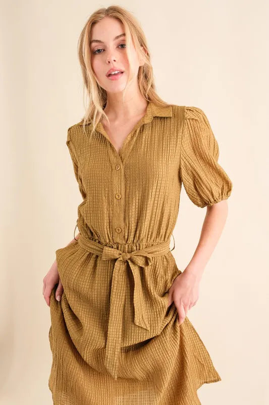 And The Why Waffle Textured Ribbon Waist Midi Dress