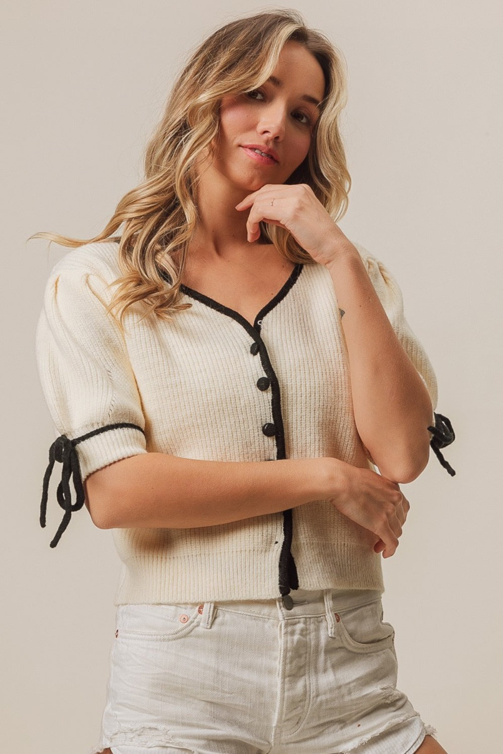BiBi Contrast Binding Buttoned Cardigan Off White Black