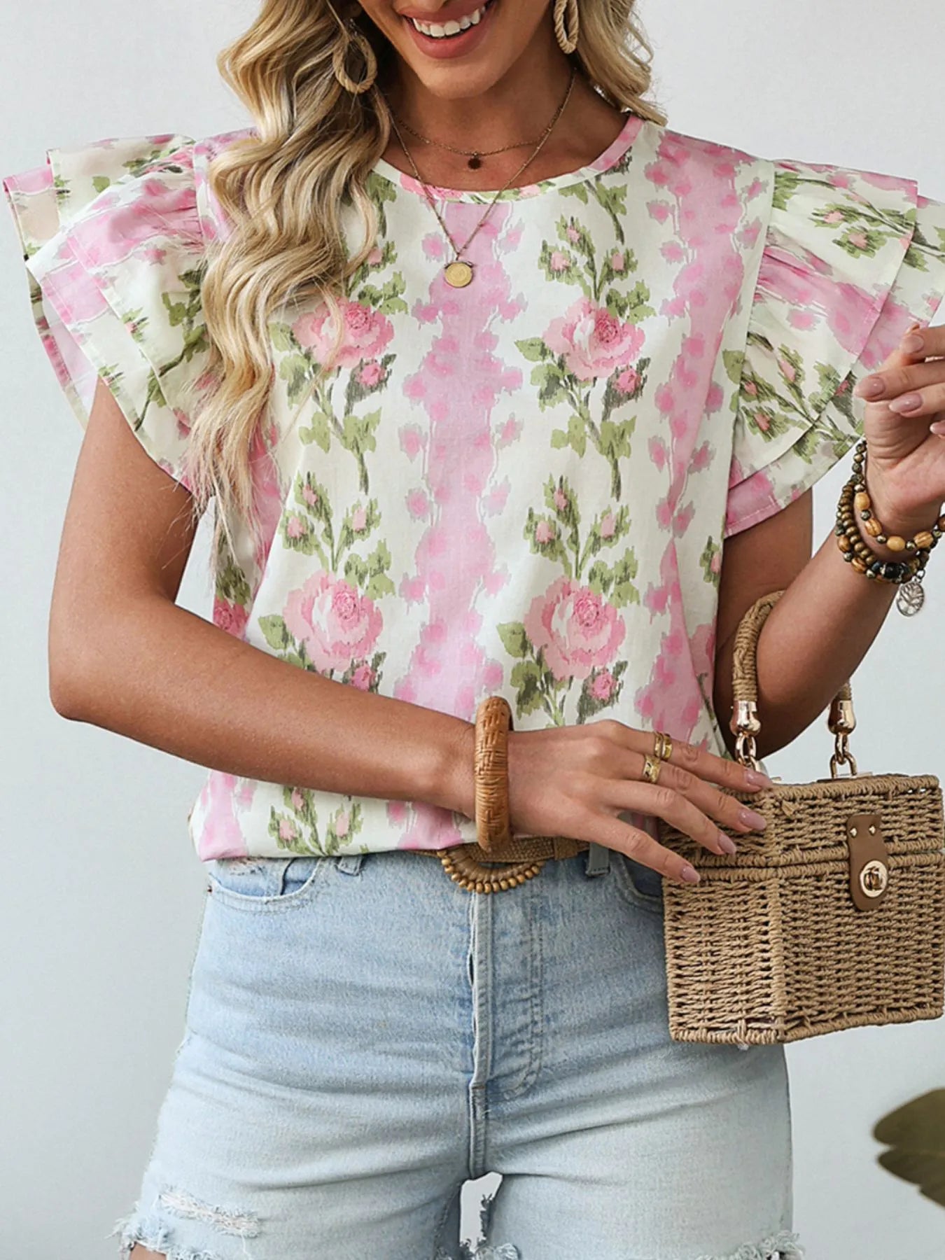 Floral Print Ruffled Sleeve Blouse