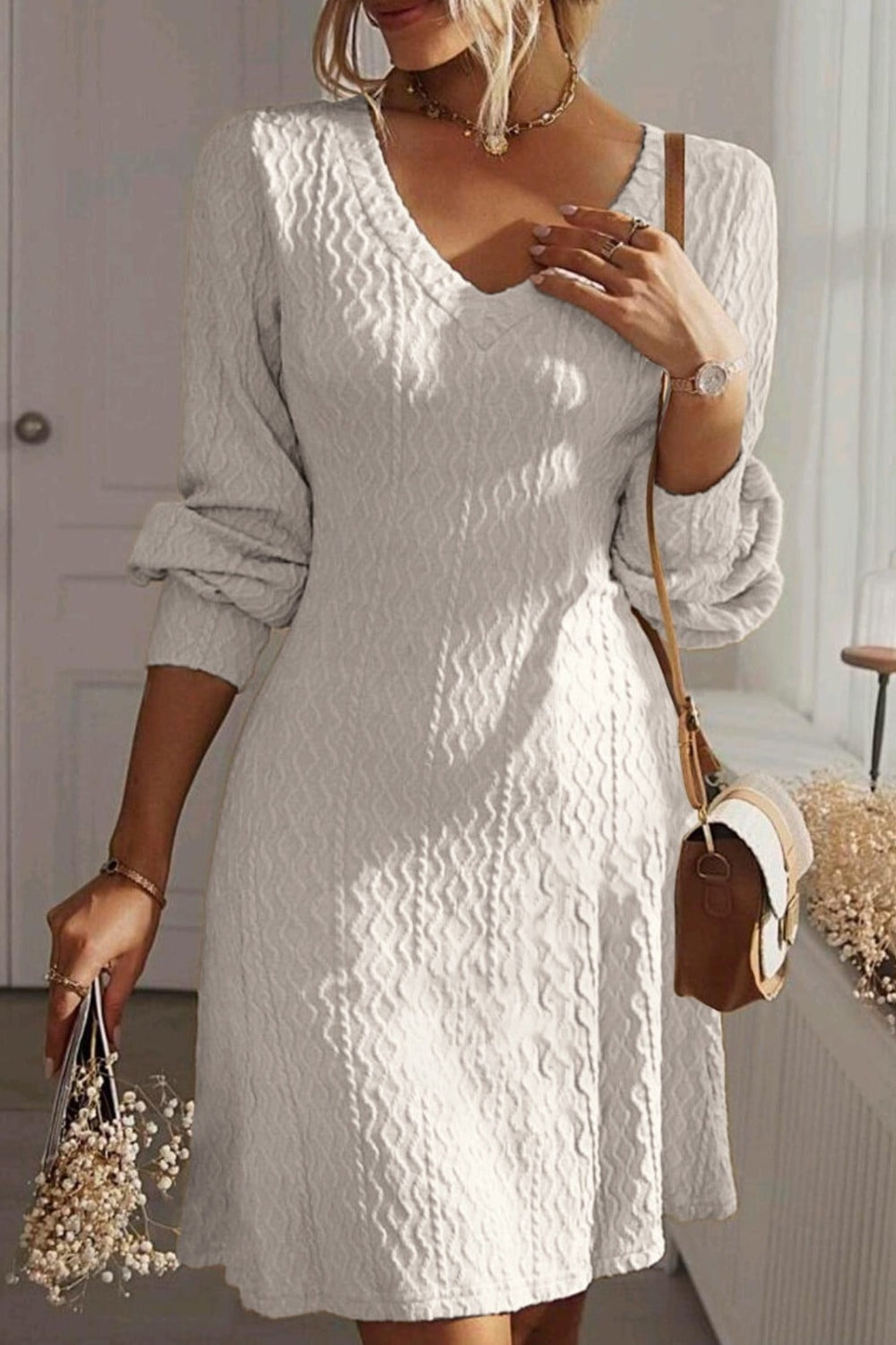 Texture V-Neck Long Sleeve Dress White