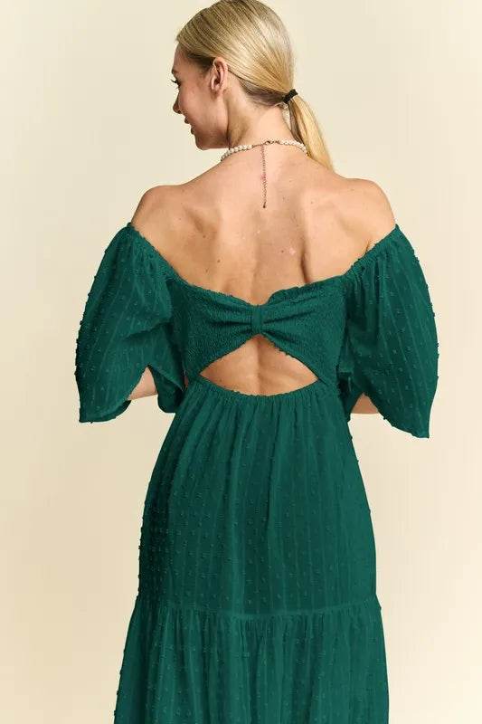 Davi & Dani Swiss Dotted Ruched Ruffle Open Back Midi Dress