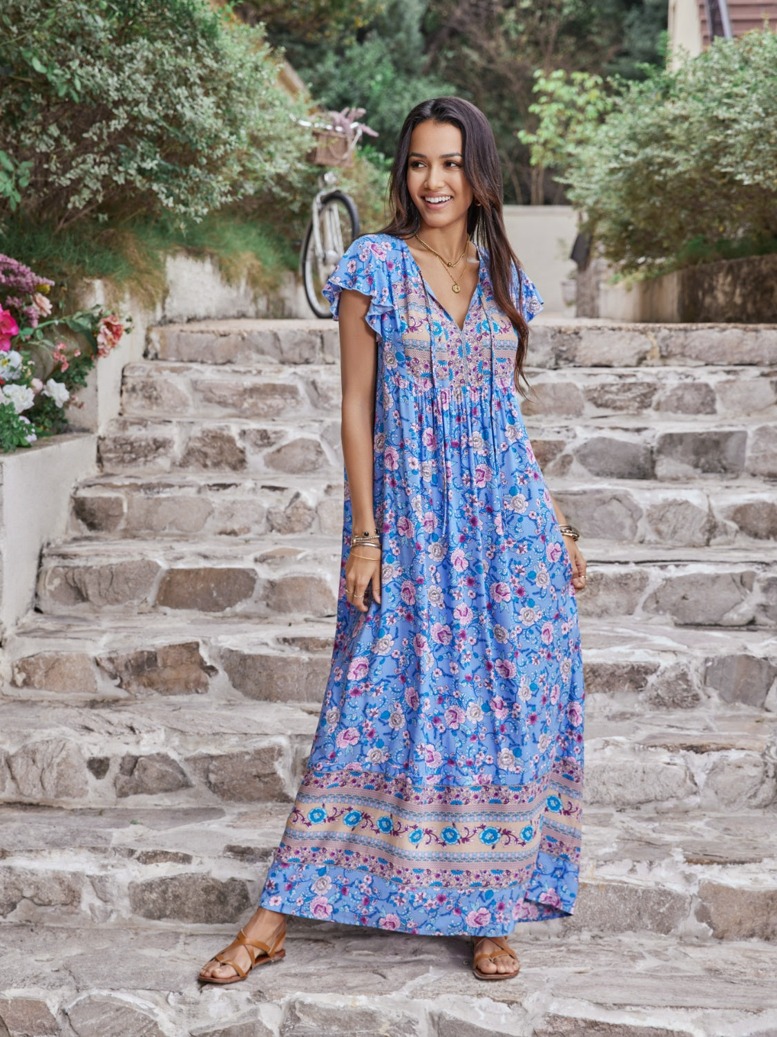 Ruffled Printed Tie Neck Cap Sleeve Dress Blue