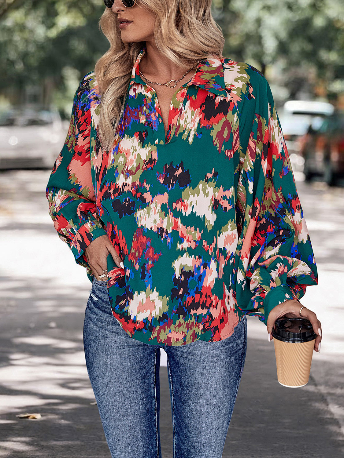 Perfee Printed Johnny Collar Long Sleeve Blouse Green