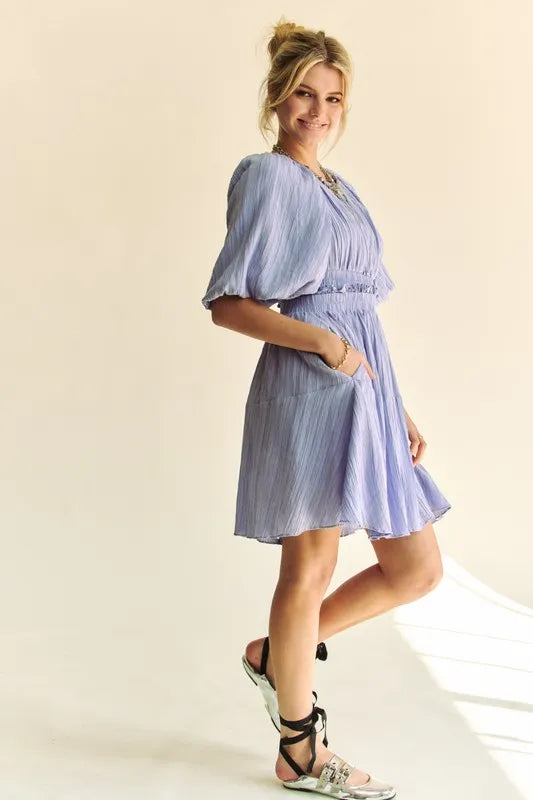 Davi & Dani Back Button Puff Sleeve Mini Dress