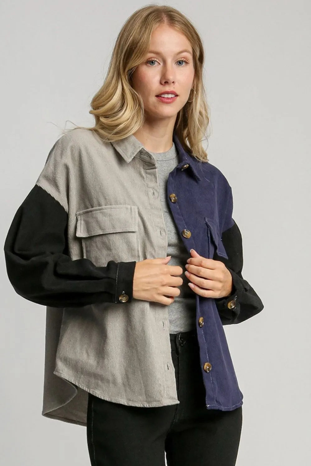 Umgee Full Size Color Block Button Down Jacket Plus Size