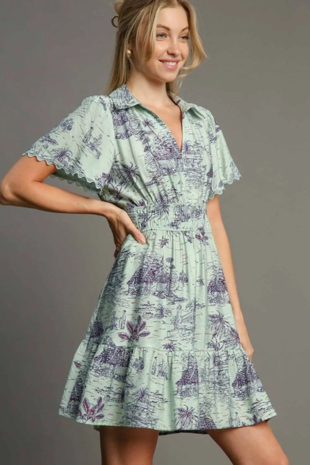 Umgee Full Size Landscape Print Collared Mini Dress Plus Size Light Green