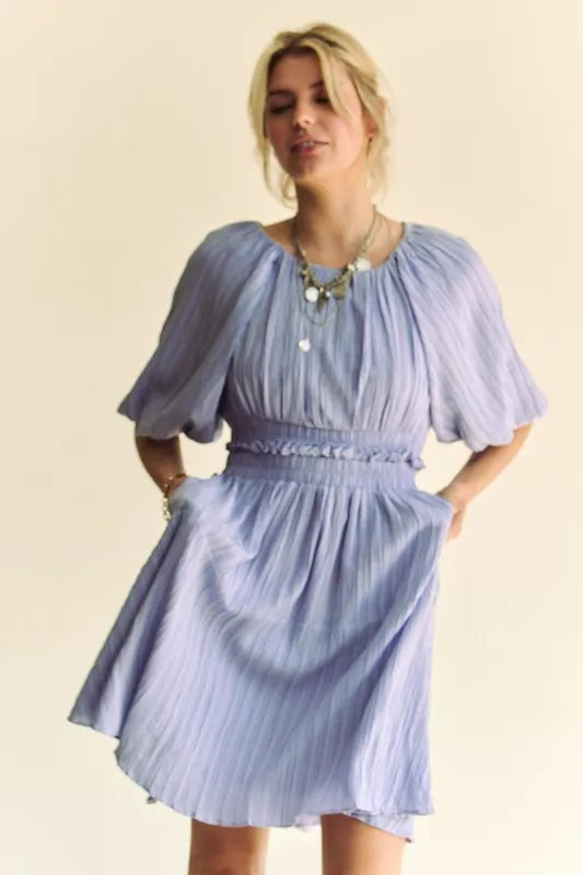 Davi & Dani Back Button Puff Sleeve Mini Dress