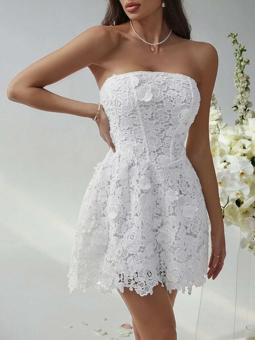 Devine Lace-Up Tube Lace Mini Dress White
