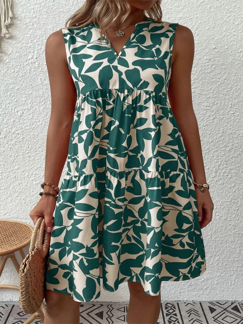 Printed Notched Sleeveless Mini Dress Turquoise