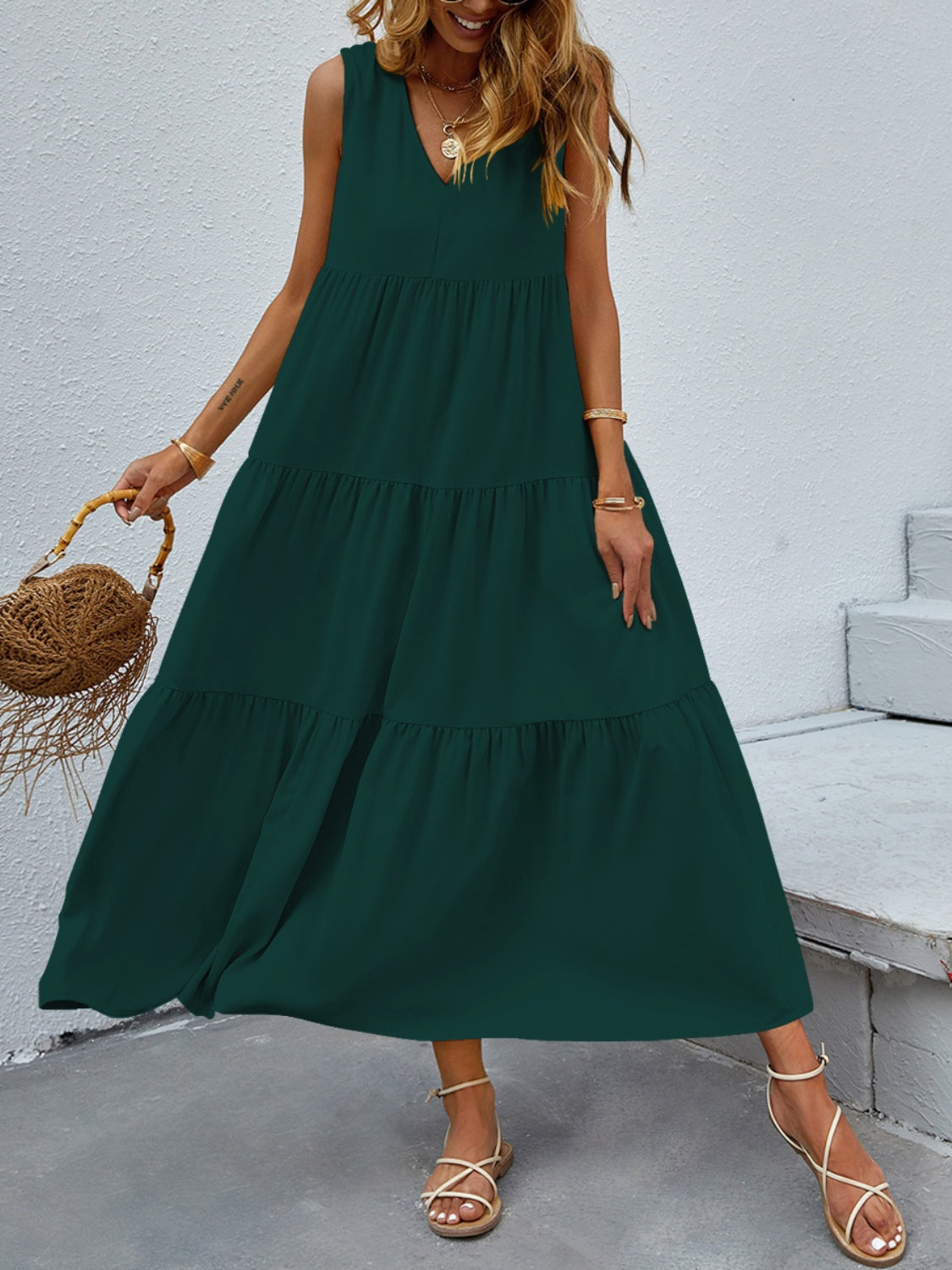 FAM-FAM Tiered V-Neck Sleeveless Dress Dark Green