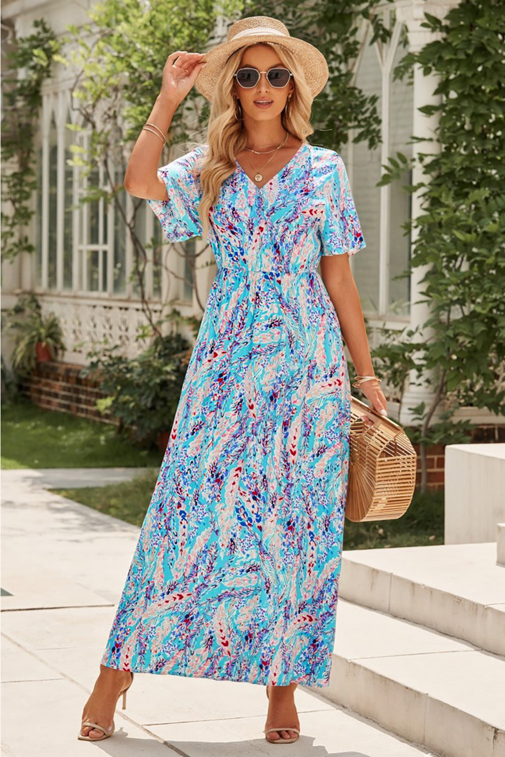 Multicolored V-Neck Maxi Dress Pastel Blue