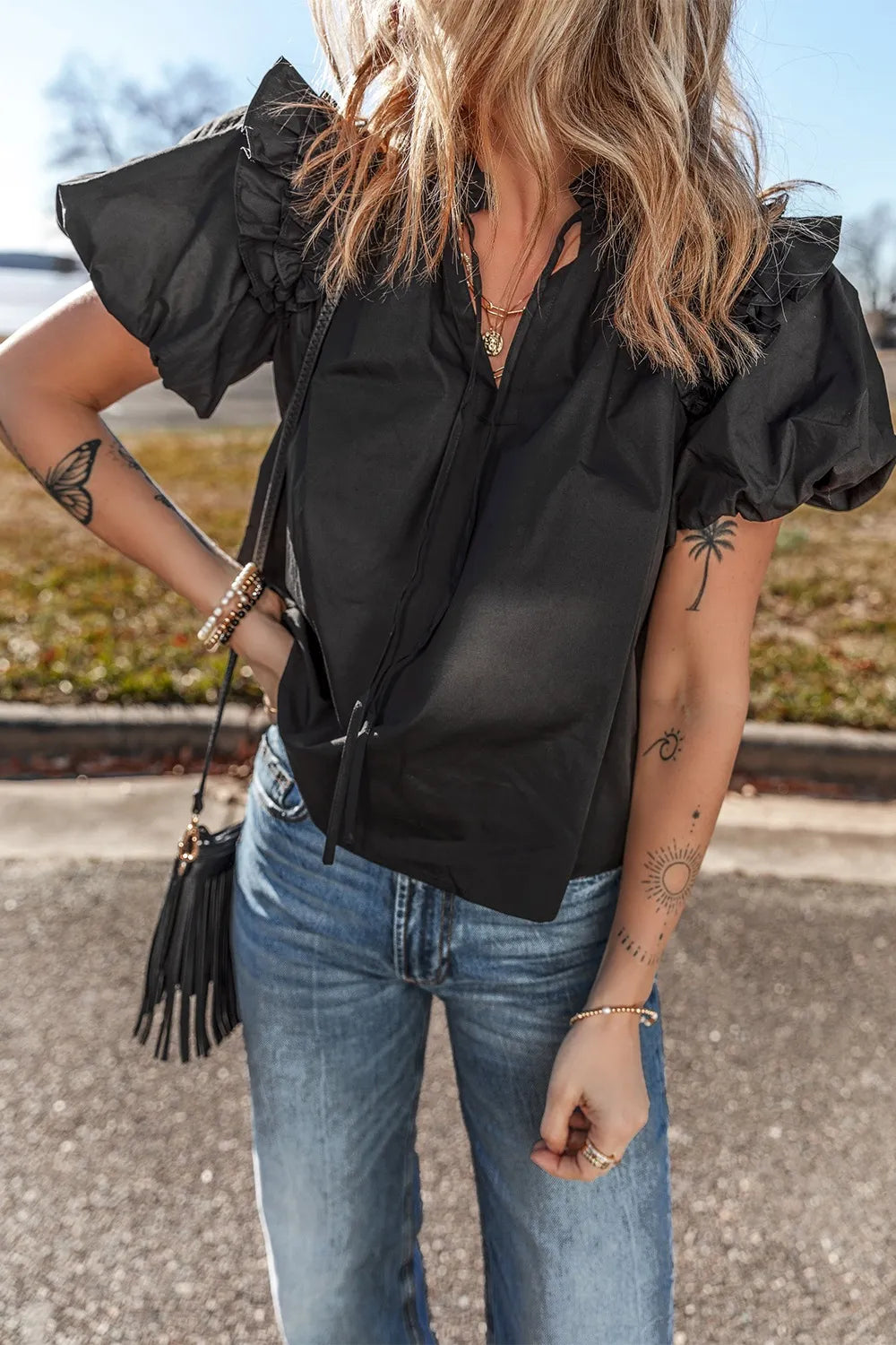 Ruffled Puff Short Sleeve Loose Blouse